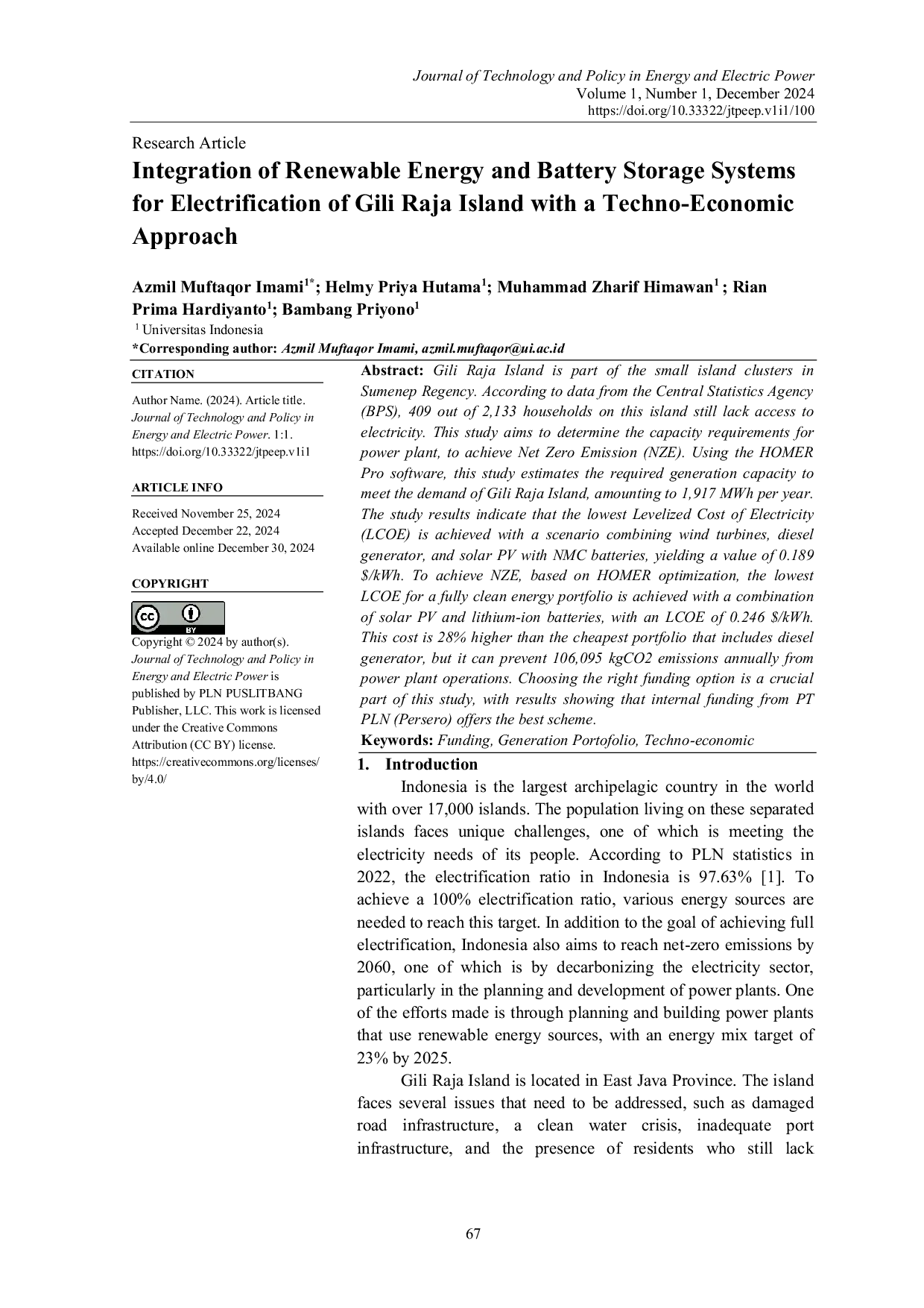 JURIS Integration of Renewable Energy and Battery Storage Systems for Electrification of Gili Raja Island with a Techno Economic Approach