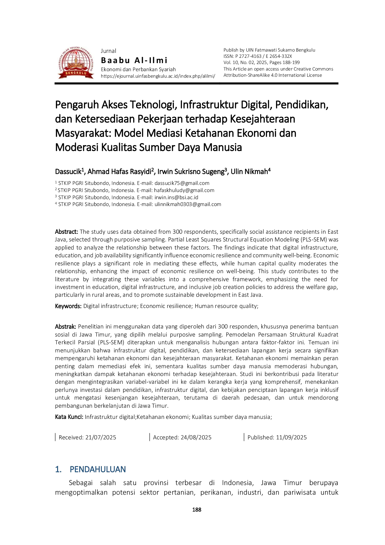 JURIS Pengaruh Akses Teknologi Infrastruktur Digital Pendidikan dan Ketersediaan Pekerjaan terhadap Kesejahteraan Masyarakat Model Mediasi Ketahanan Ekonomi dan Moderasi Kualitas Sumber Daya Manusia