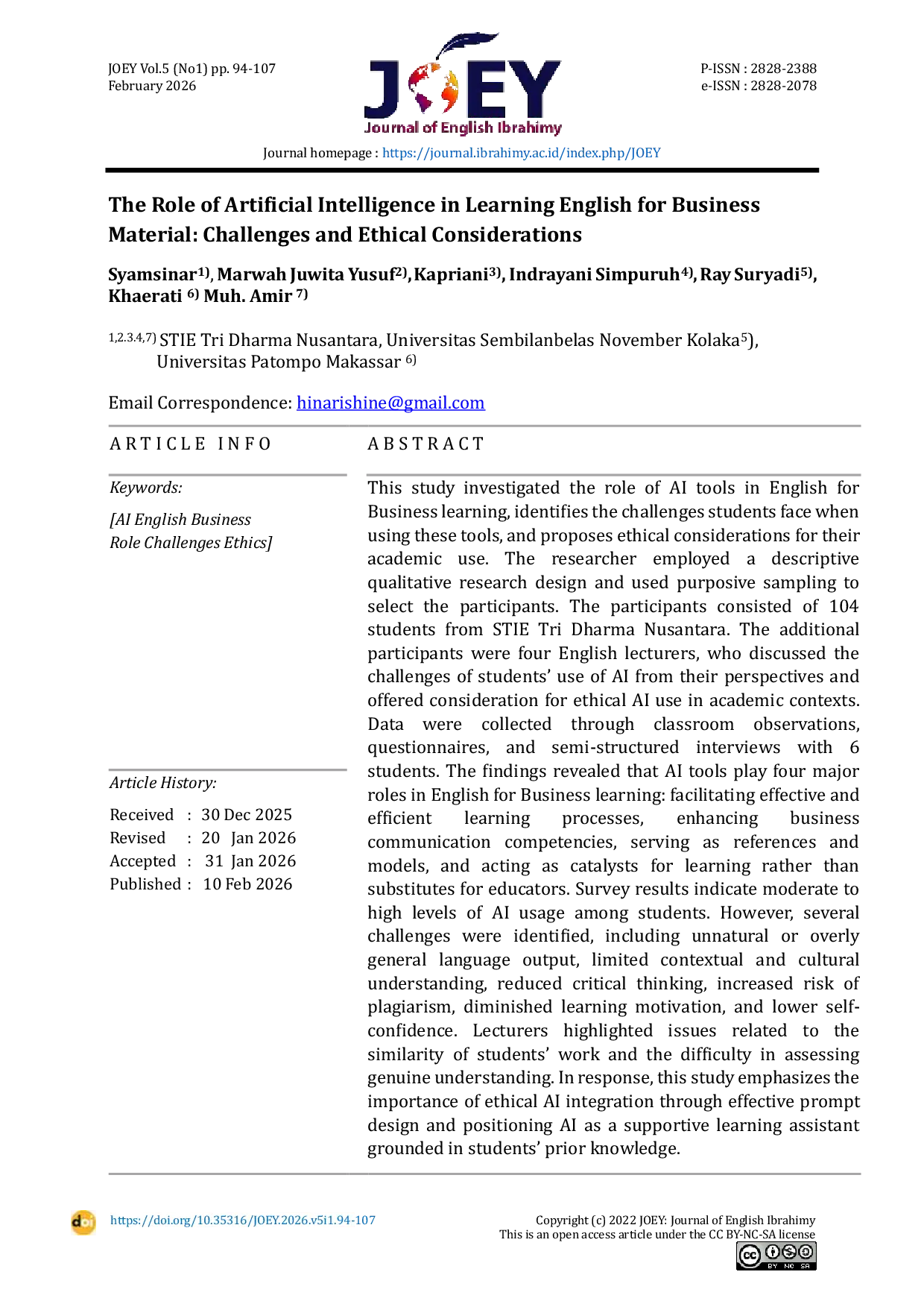 JURIS The Role of Artificial Intelligence in Learning English for Business material Challenges and Ethical Considerations English