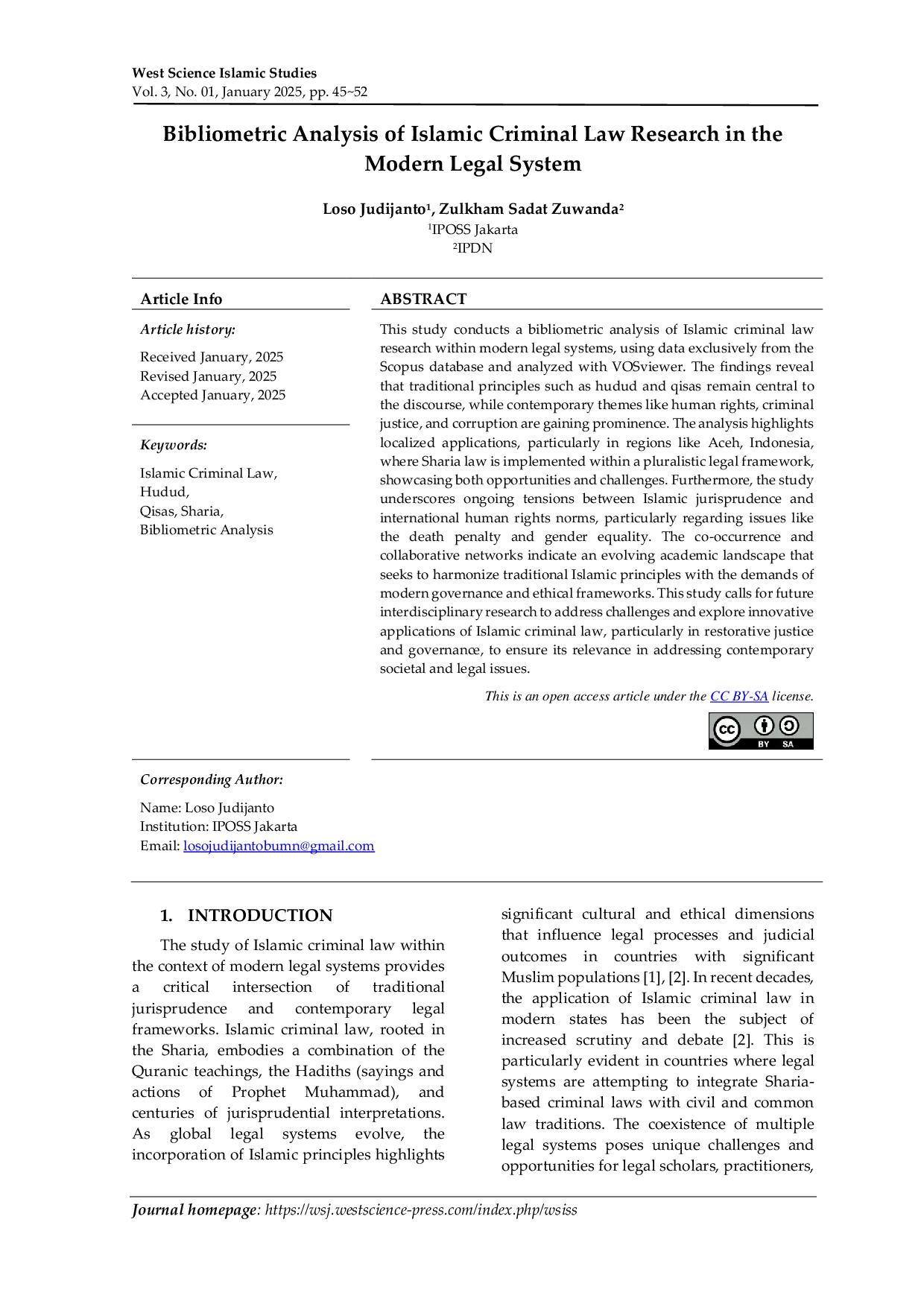 JURIS Bibliometric Analysis of Islamic Criminal Law Research in the Modern Legal System
