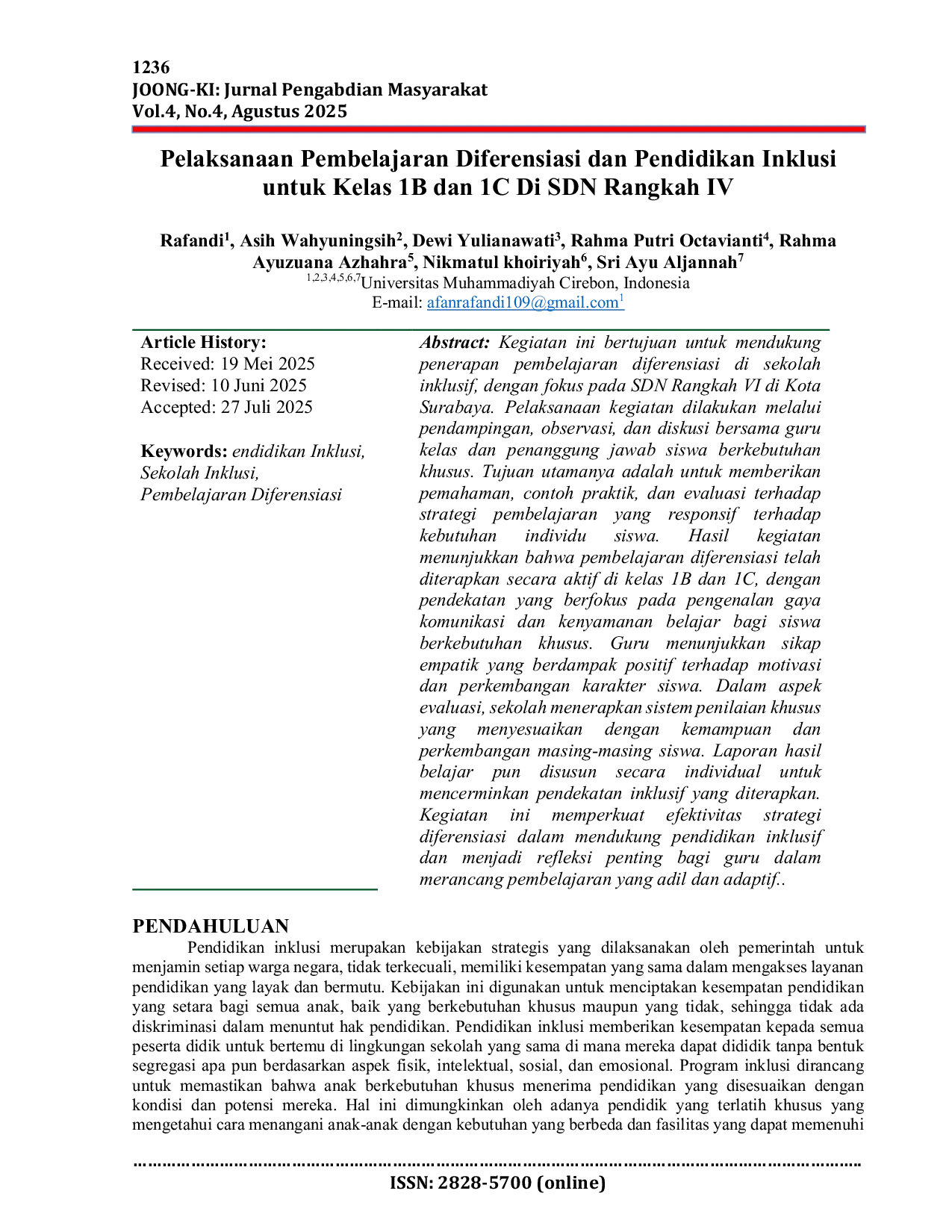 JURIS Pelaksanaan Pembelajaran Diferensiasi dan Pendidikan Inklusi untuk Kelas 1B dan 1C Di SDN Rangkah IV