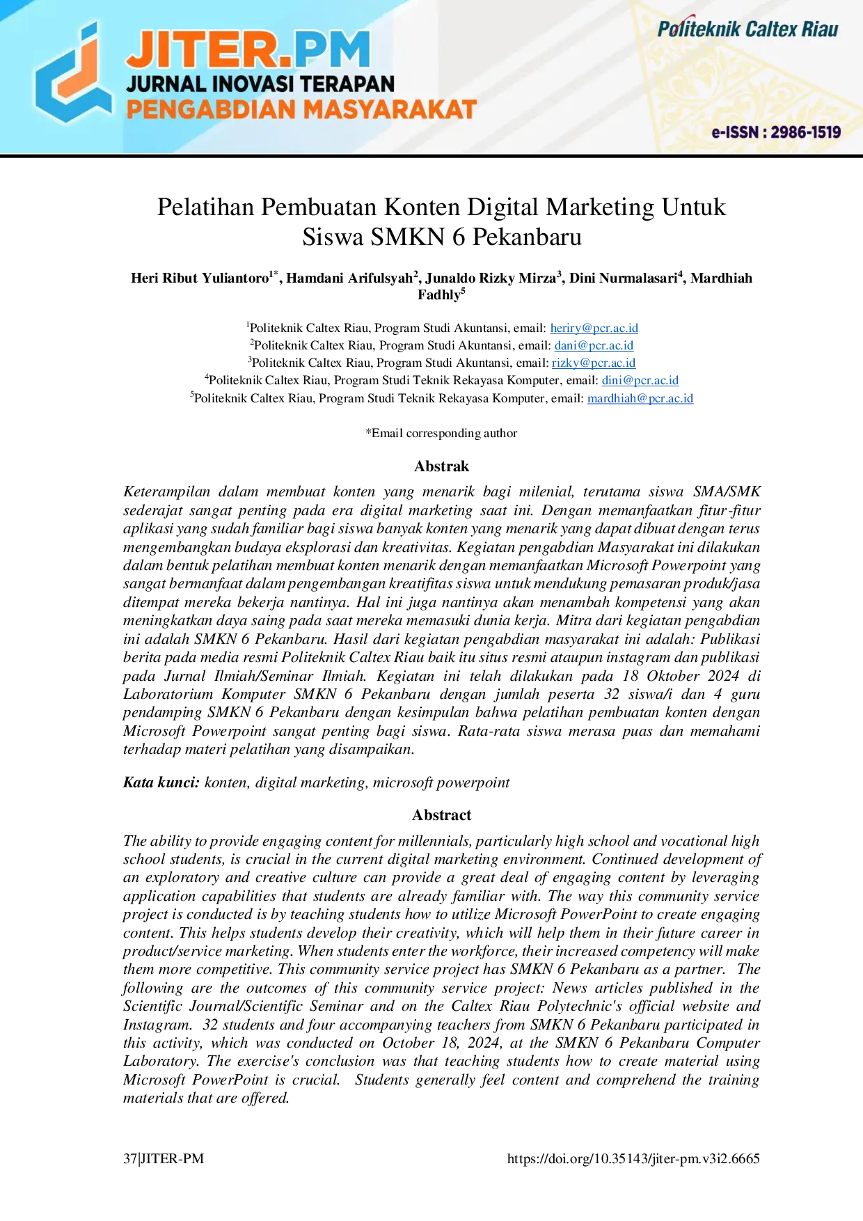 JURIS Pelatihan Pembuatan Konten Digital Marketing Untuk Siswa SMKN 6 Pekanbaru