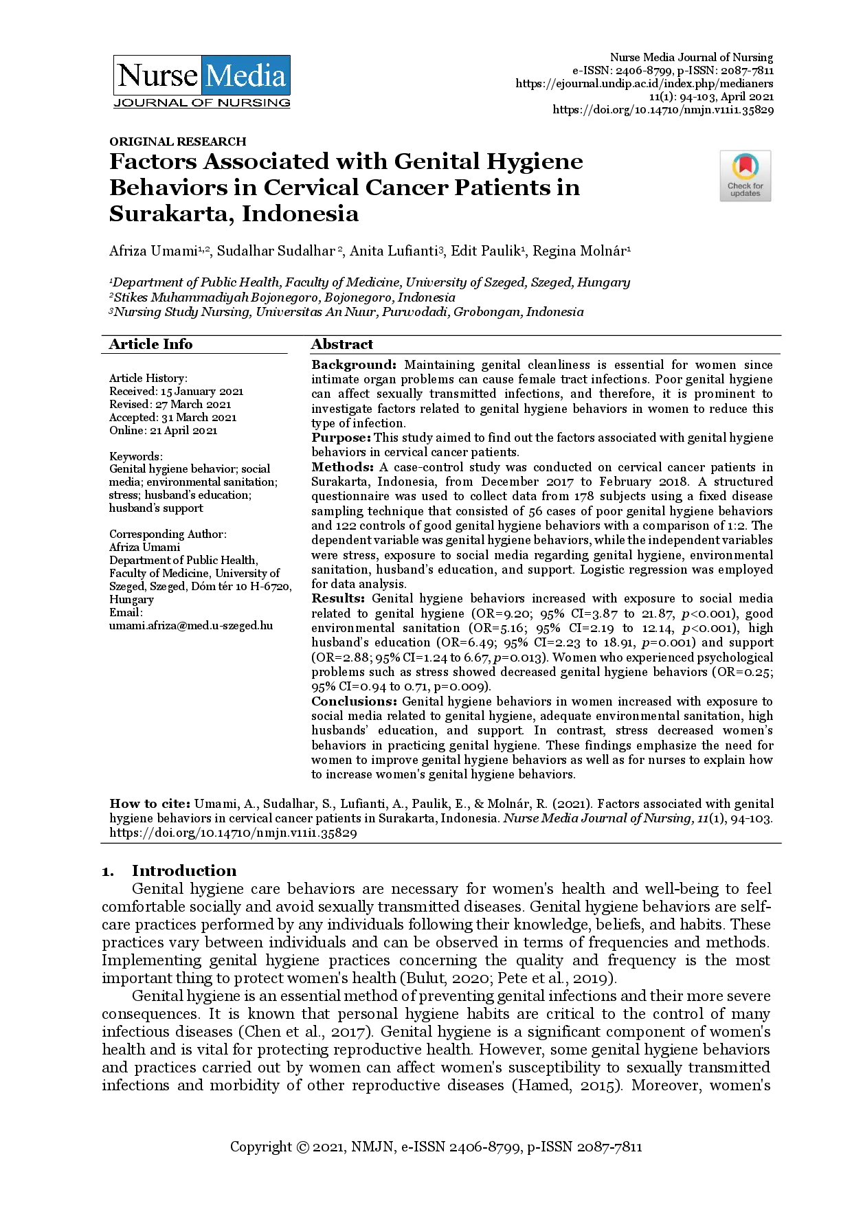 juris Factors Associated with Genital Hygiene Behaviors in Cervical Cancer Patients in Surakarta Indonesia