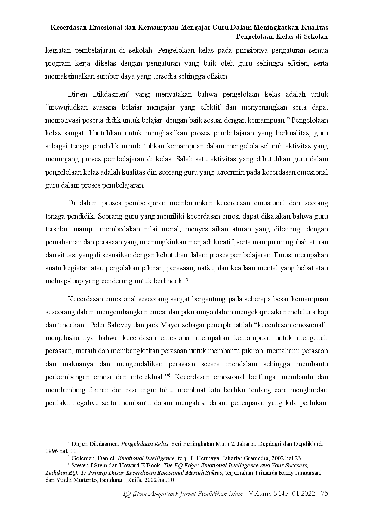juris Kecerdasan Emosional dan Kemampuan Mengajar Guru dalam Meningkatkan Kualitas Pengelolaan Kelas di Sekolah