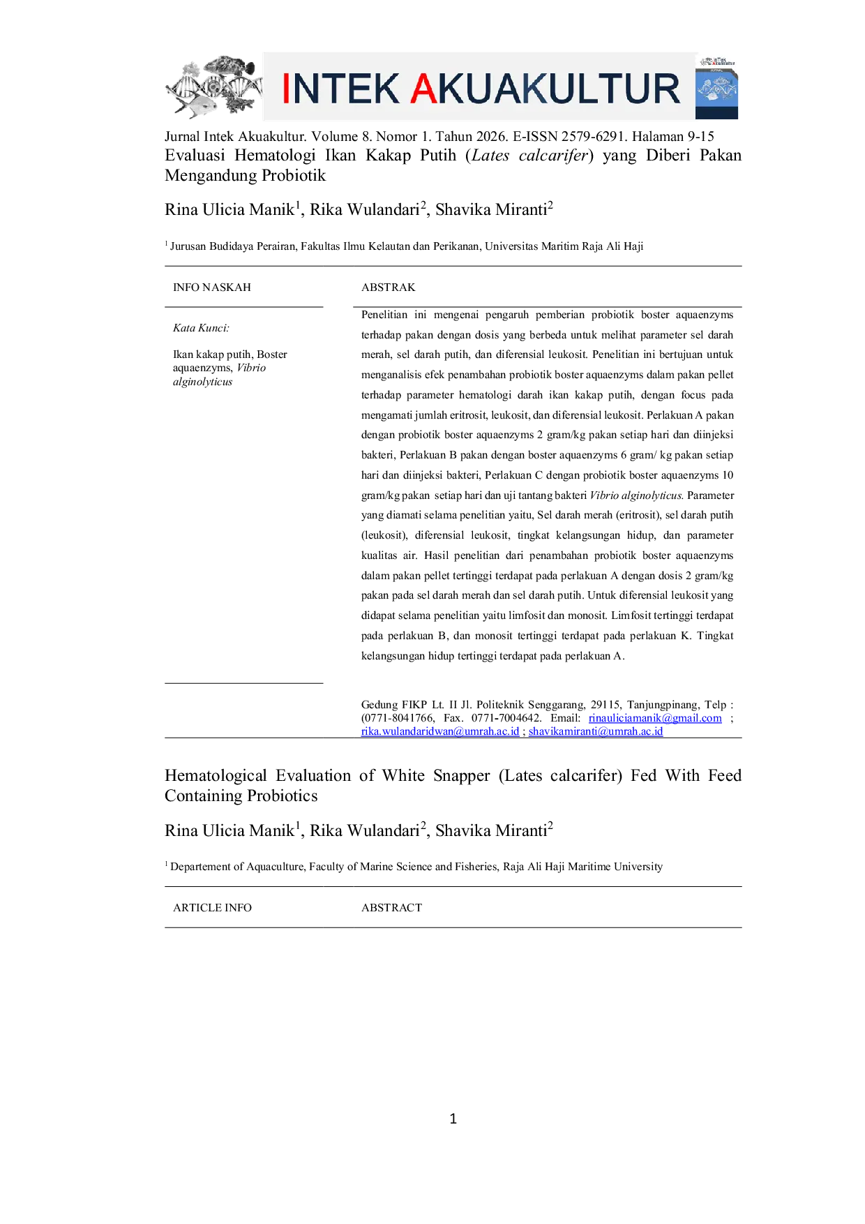 JURIS Evaluasi Hematologi Ikan Kakap Putih Lates calcarifer yang Diberi Pakan Mengandung Probiotik