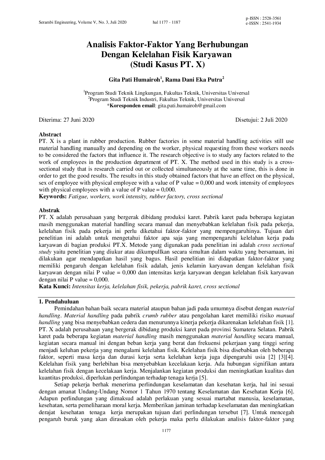 JURIS Analisis Faktor Faktor Yang Berhubungan Dengan Kelelahan Fisik Karyawan Studi Kasus PT X