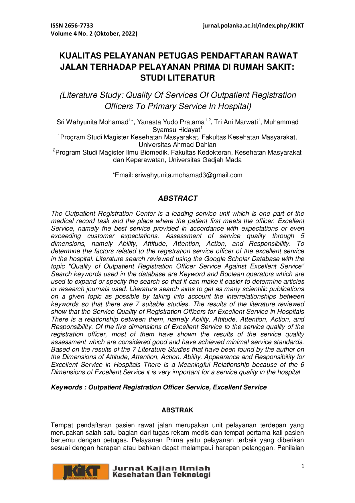 JURIS Kualitas Pelayanan Petugas Pendaftaran Rawat Jalan Terhadap Pelayanan Prima Di Rumah Sakit
