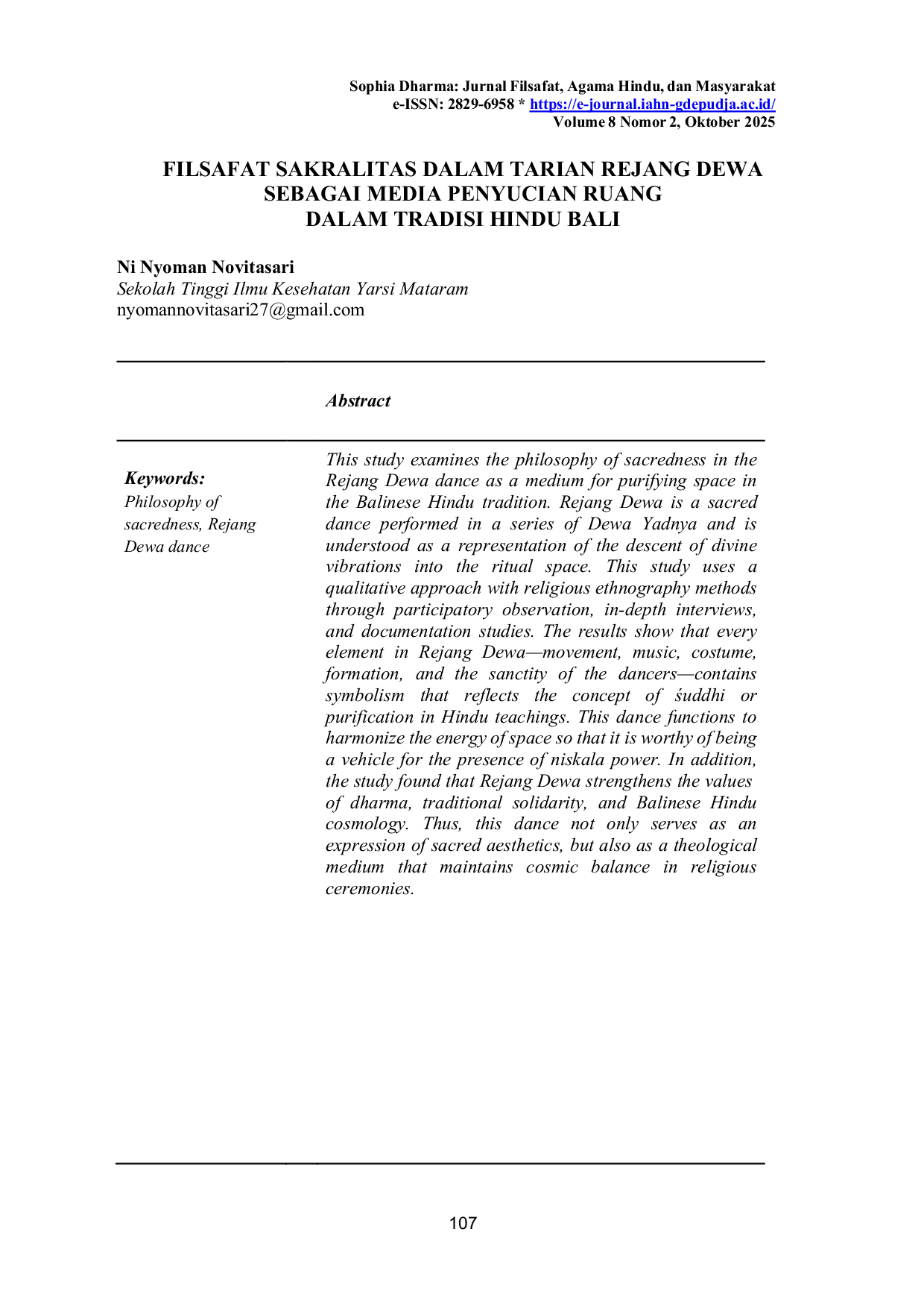 JURIS Filosofi Sakralitas Dalam Tarian Rejang Dewa Sebagai Media Penyucian Ruang Dalam Tradisi Hindu Bali