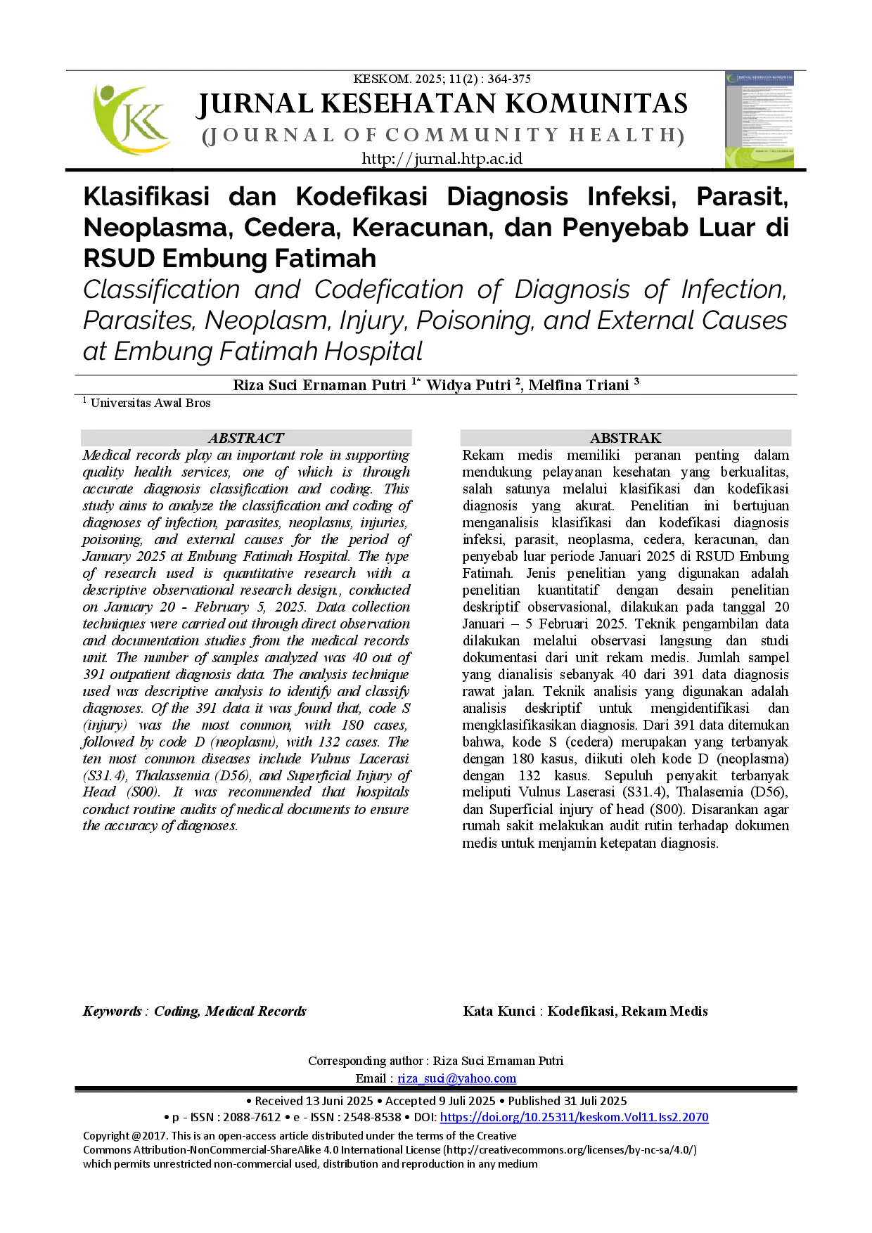 juris Klasifikasi Dan Kodefikasi Diagnosis Infeksi Parasit Neoplasma Cedera Keracunan Dan Penyebab Luar Di RSUD Embung Fatimah