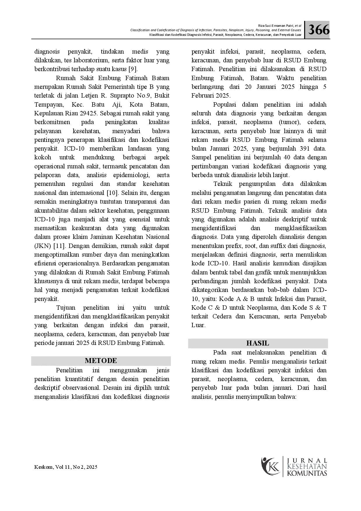 juris Klasifikasi Dan Kodefikasi Diagnosis Infeksi Parasit Neoplasma Cedera Keracunan Dan Penyebab Luar Di RSUD Embung Fatimah