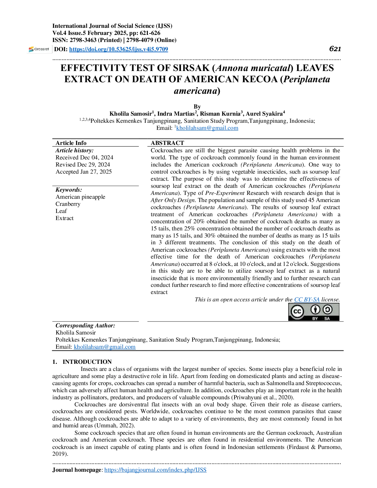 JURIS EFFECTIVITY TEST OF SIRSAK Annona muricatal LEAVES EXTRACT ON DEATH OF AMERICAN KECOA Periplaneta americana