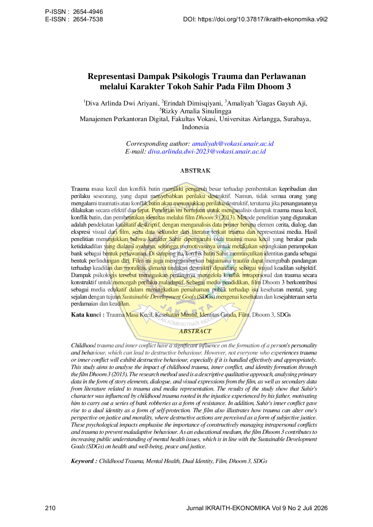 JURIS Representasi Dampak Psikologis Trauma dan Perlawanan melalui Karakter Tokoh Sahir Pada Film Dhoom 3