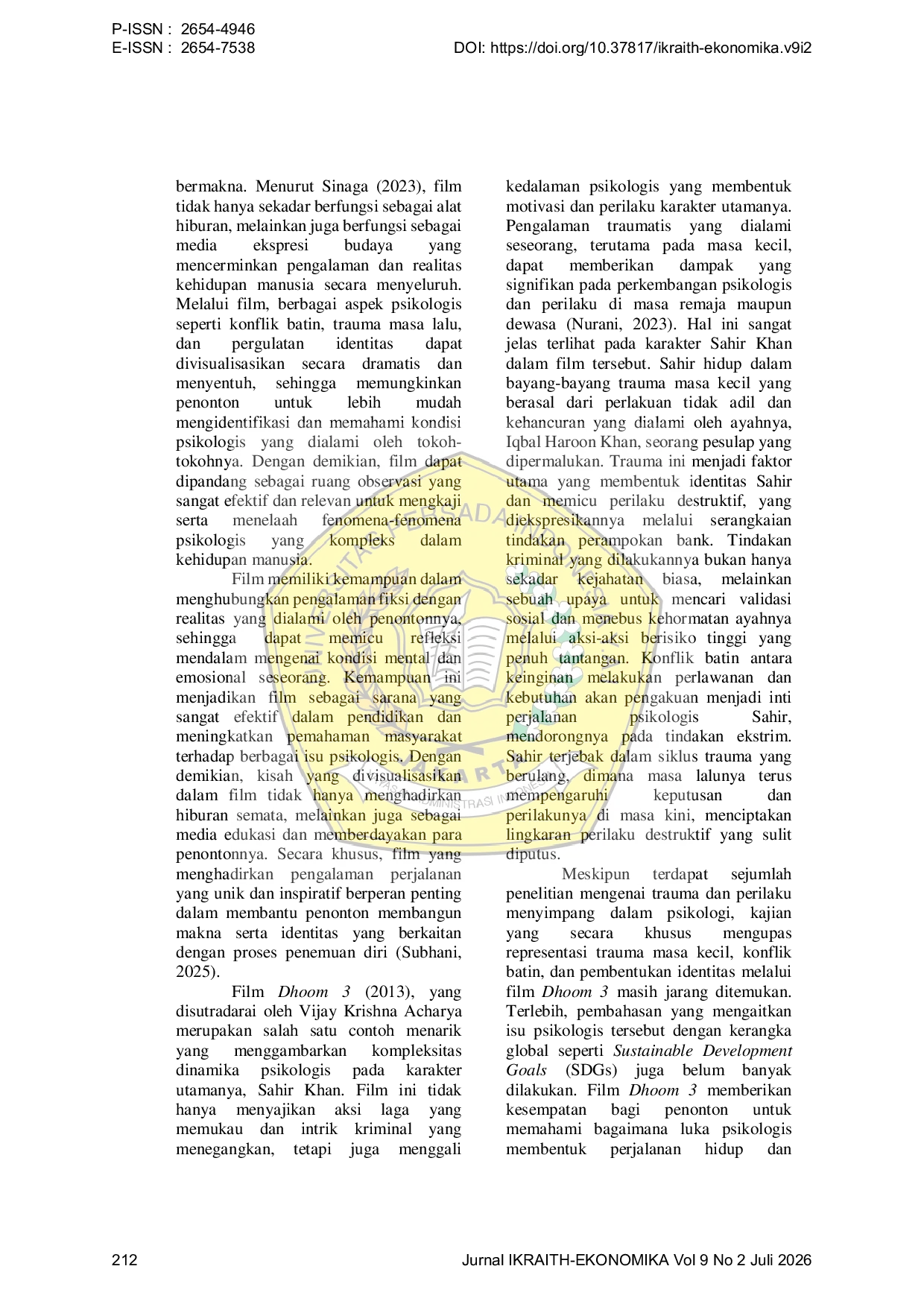 JURIS Representasi Dampak Psikologis Trauma dan Perlawanan melalui Karakter Tokoh Sahir Pada Film Dhoom 3