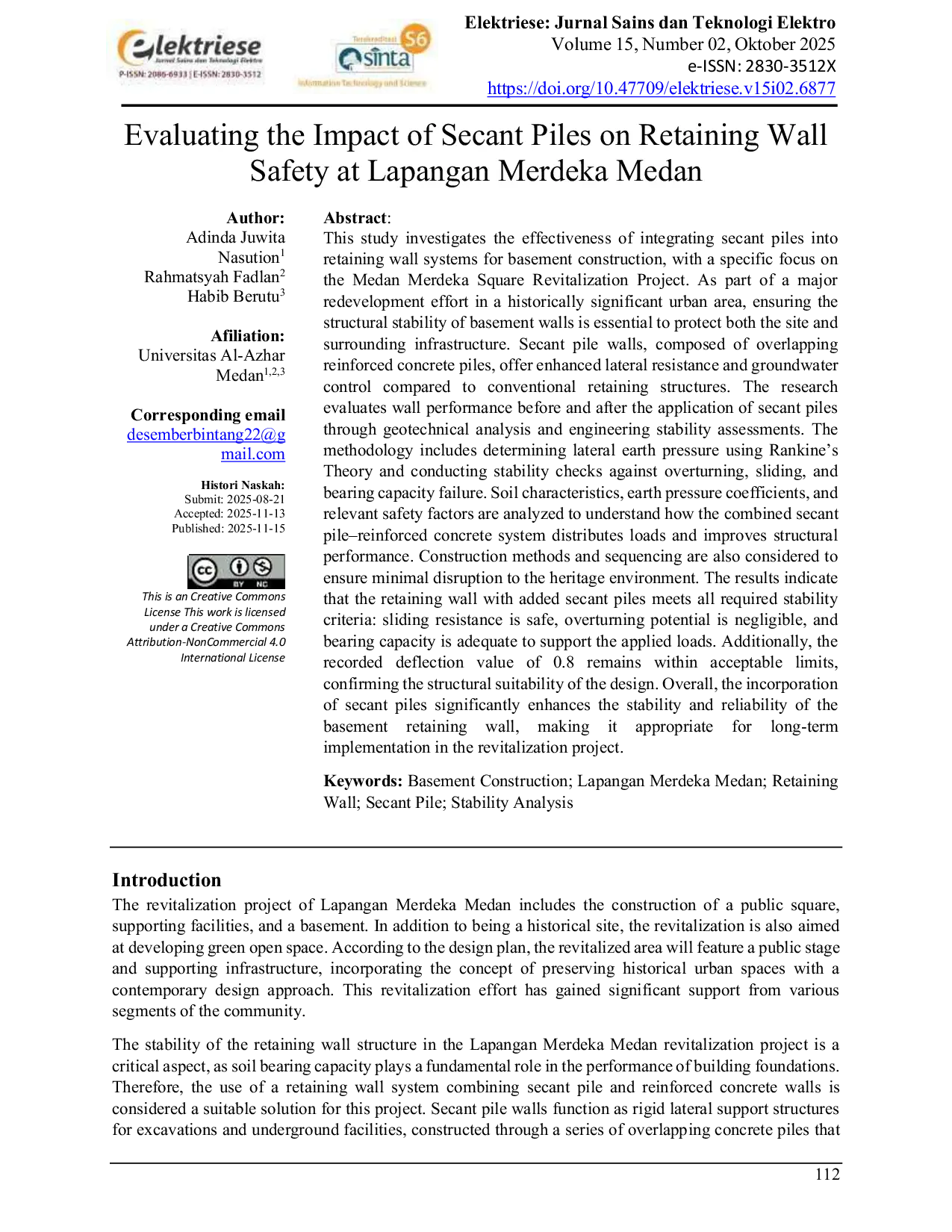 JURIS Evaluating the Impact of Secant Piles on Retaining Wall Safety at Lapangan Merdeka Medan