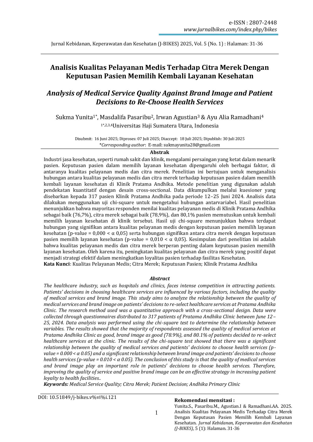 JURIS Analisis Kualitas Pelayanan Medis Terhadap Citra Merek Dengan Keputusan Pasien Memilih Kembali Layanan Kesehatan
