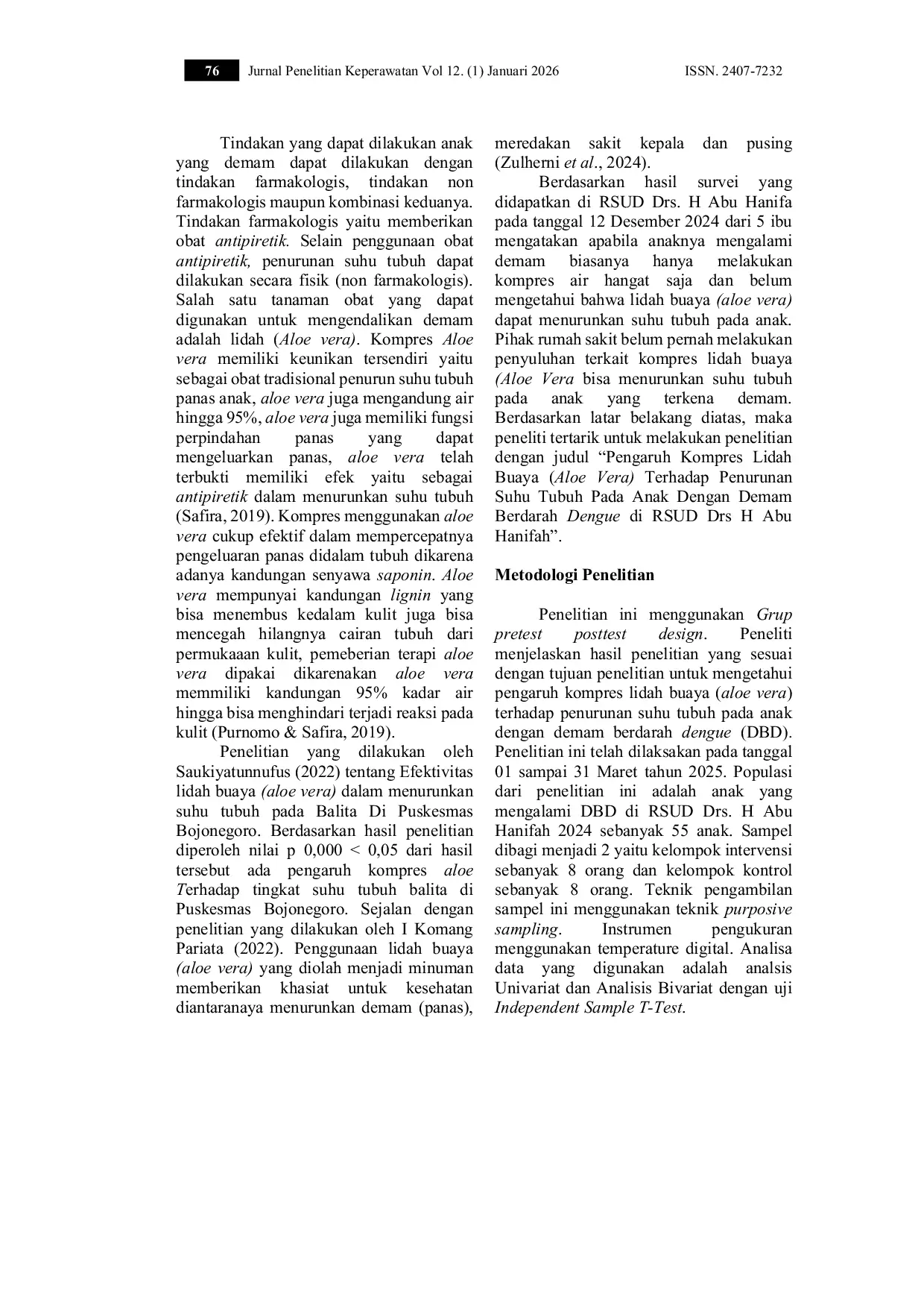 JURIS Pengaruh Kompres Lidah Buaya Aloe Vera Terhadap Penurunan Suhu Tubuh Pada Anak Demam Berdarah Dengue