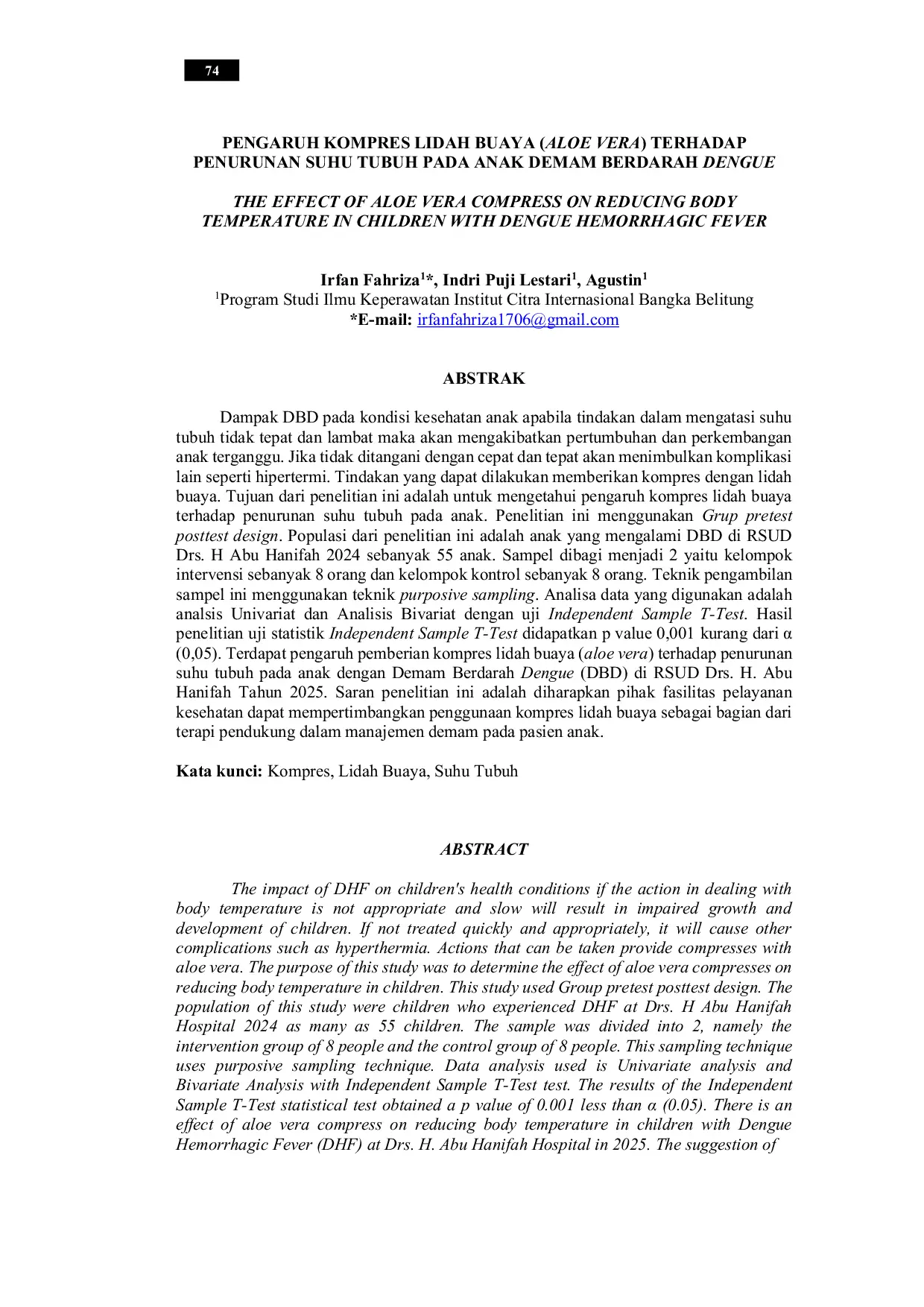 JURIS Pengaruh Kompres Lidah Buaya Aloe Vera Terhadap Penurunan Suhu Tubuh Pada Anak Demam Berdarah Dengue