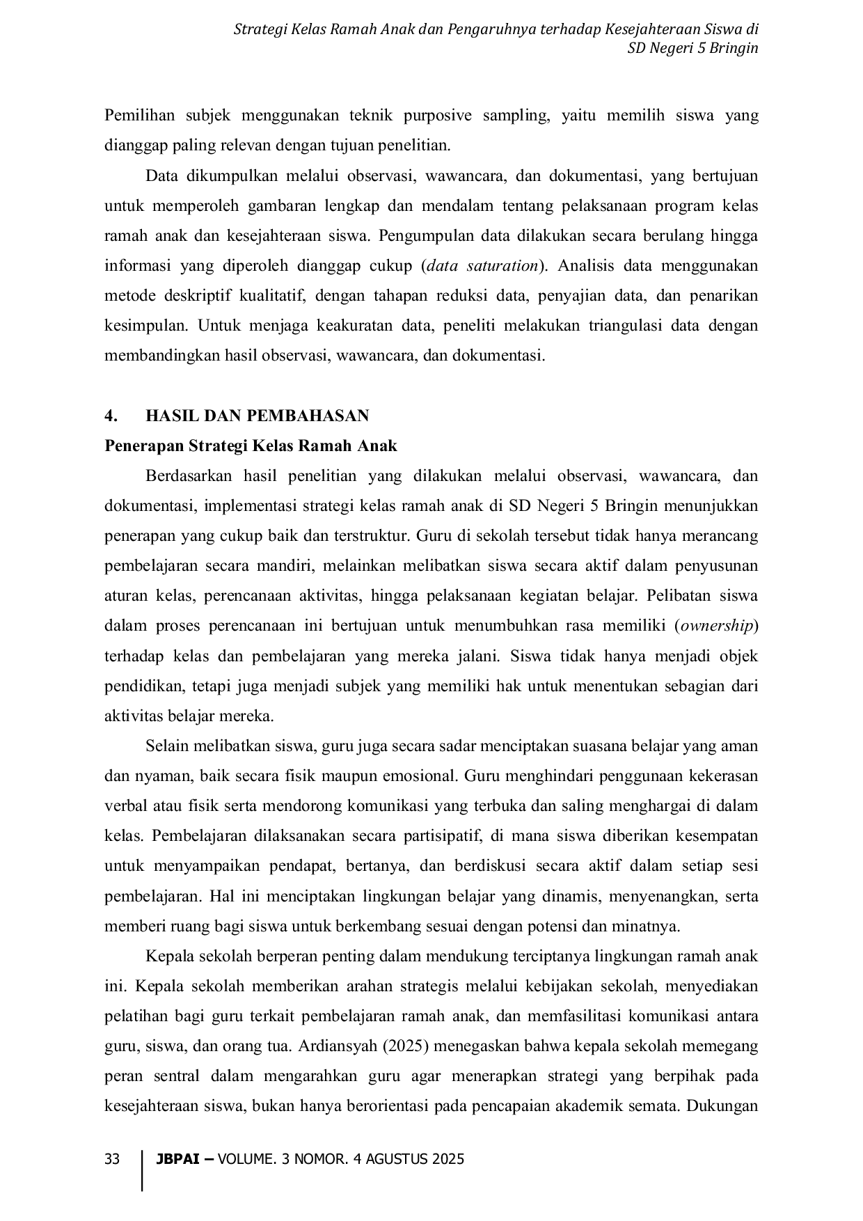 JURIS Strategi Kelas Ramah Anak dan Pengaruhnya terhadap Kesejahteraan Siswa di SD Negeri 5 Bringin