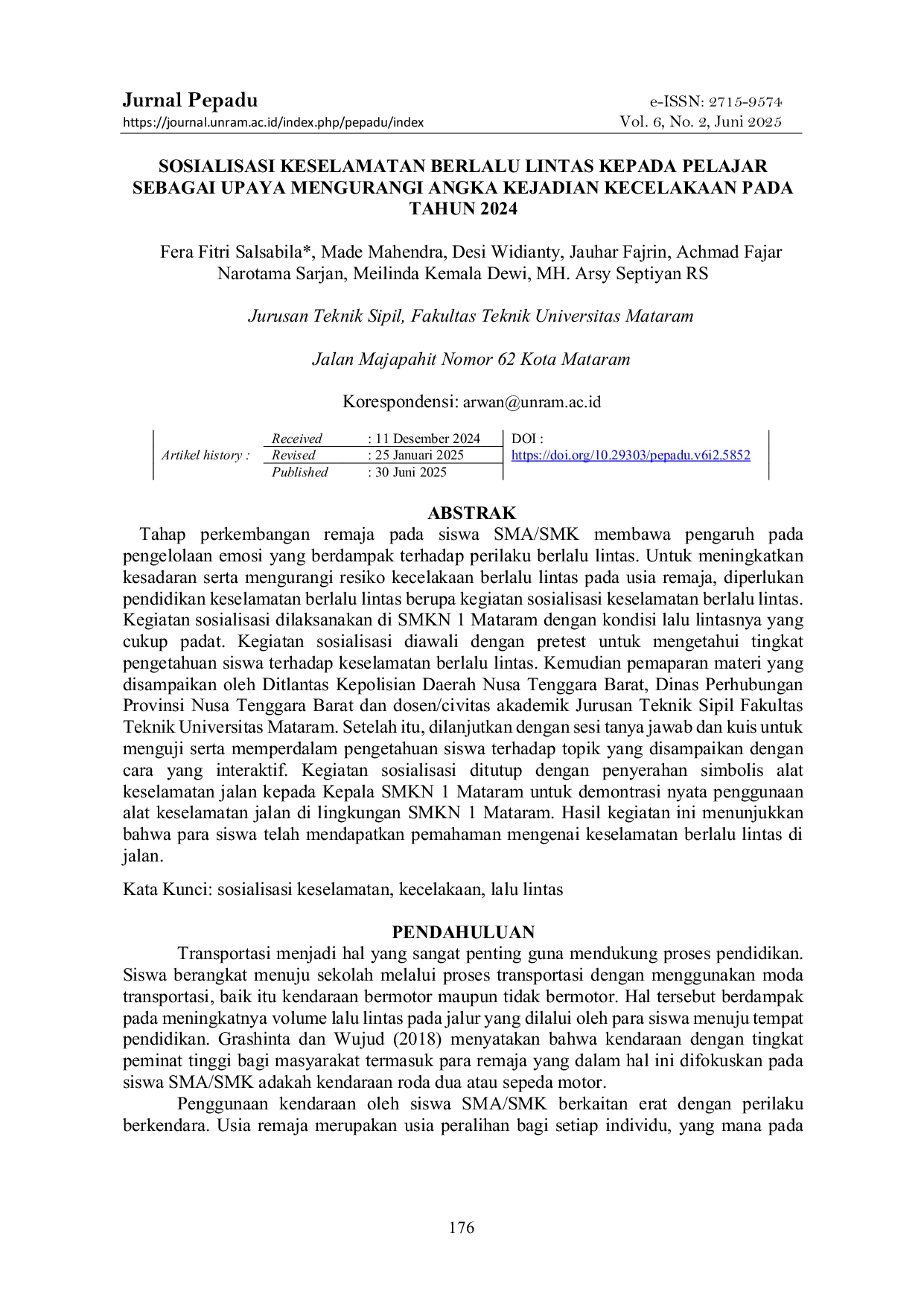 JURIS Sosialisasi Keselamatan Berlalu Lintas Kepada Pelajar Sebagai Upaya Mengurangi Angka Kejadian Kecelakaan Pada Tahun 2024