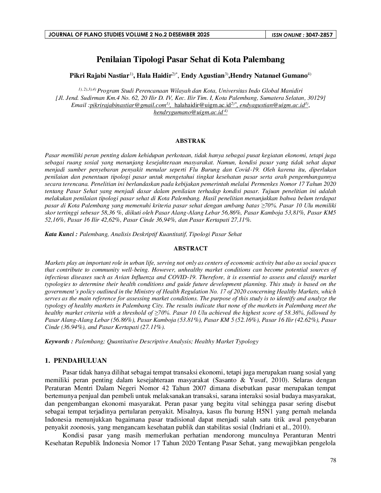 JURIS Penilaian Tipologi Pasar Sehat di Kota Palembang