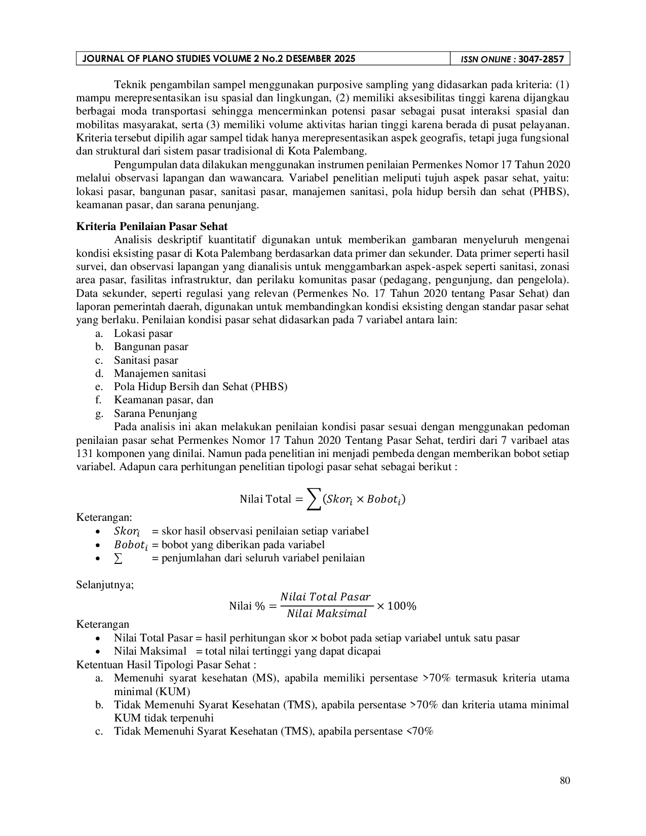 JURIS Penilaian Tipologi Pasar Sehat di Kota Palembang