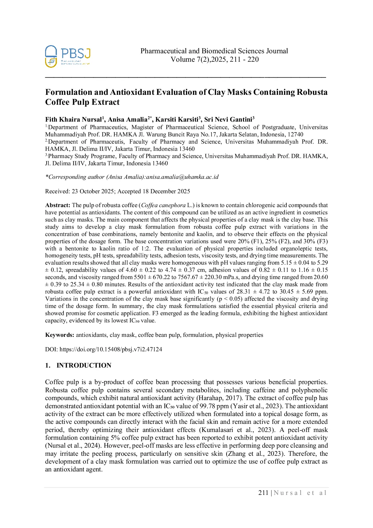JURIS Formulation and Antioxidant Evaluation of Clay Masks Containing Robusta Coffee Pulp Extract