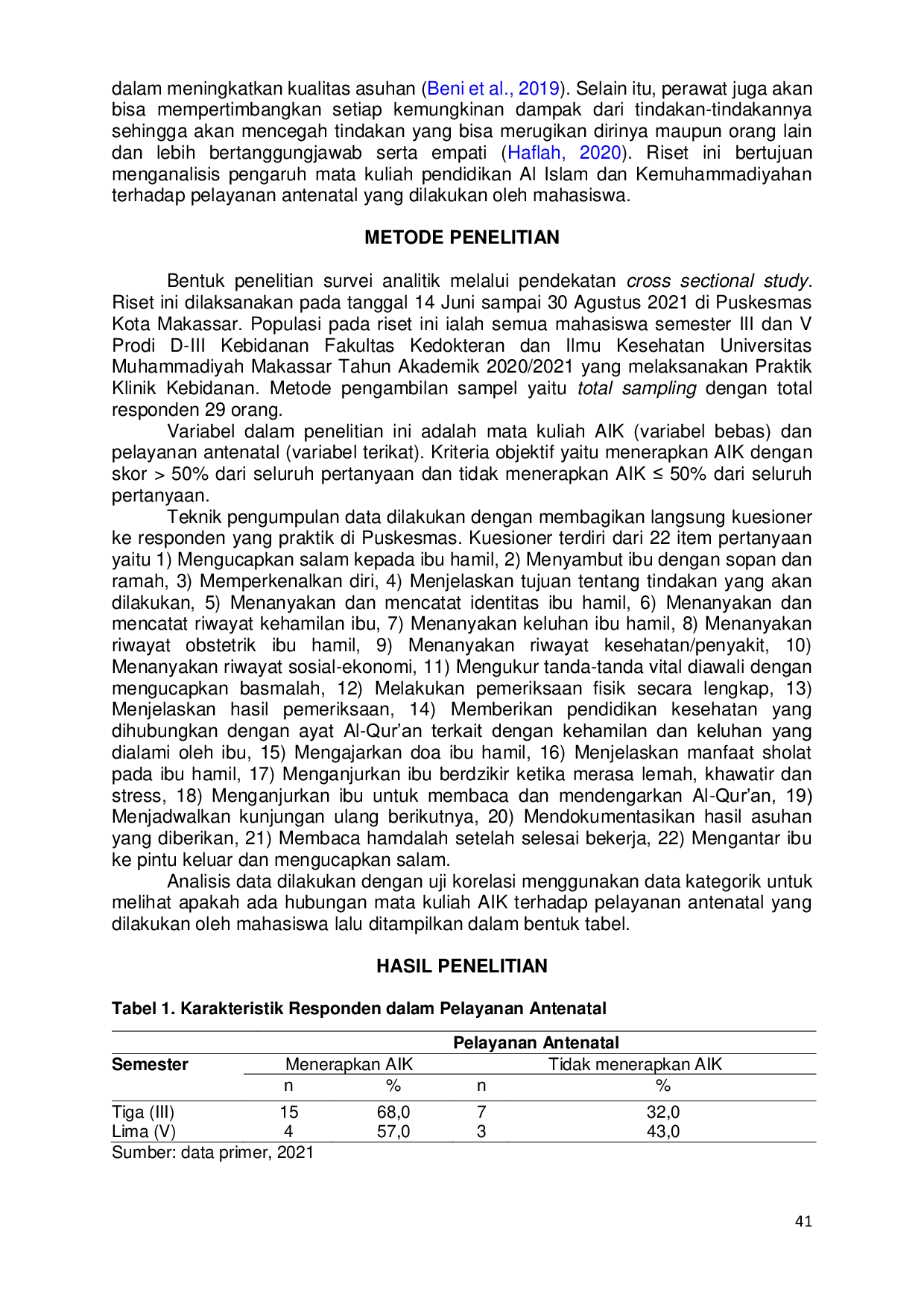 JURIS Pengaruh Mata Kuliah Al Islam dan Kemuhammadiyahan terhadap Pelayanan Antenatal The Effect of Al Islam and Kemuhammadiyahan on Antenatal Care