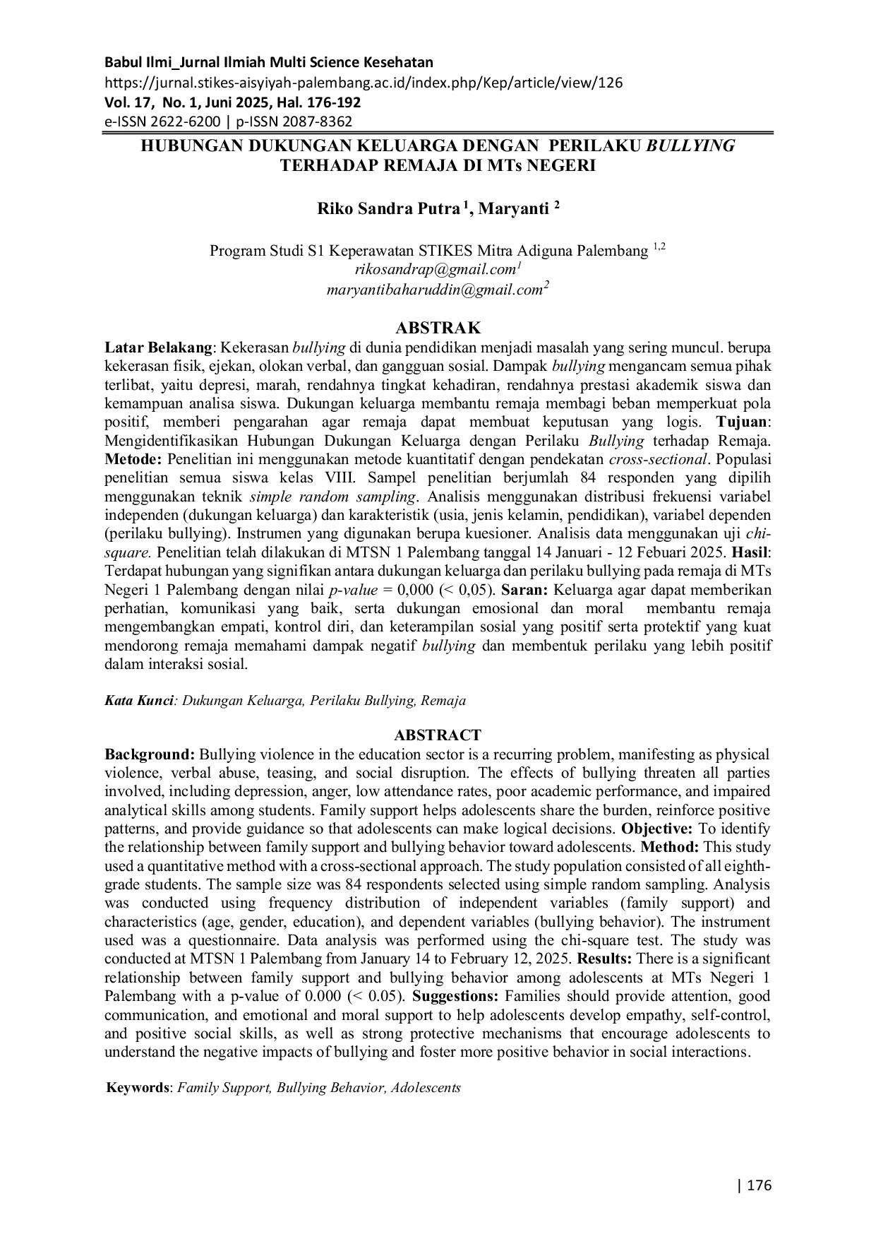 JURIS HUBUNGAN DUKUNGAN KELUARGA DENGAN PERILAKU BULLYING TERHADAP REMAJA DI MTs NEGERI