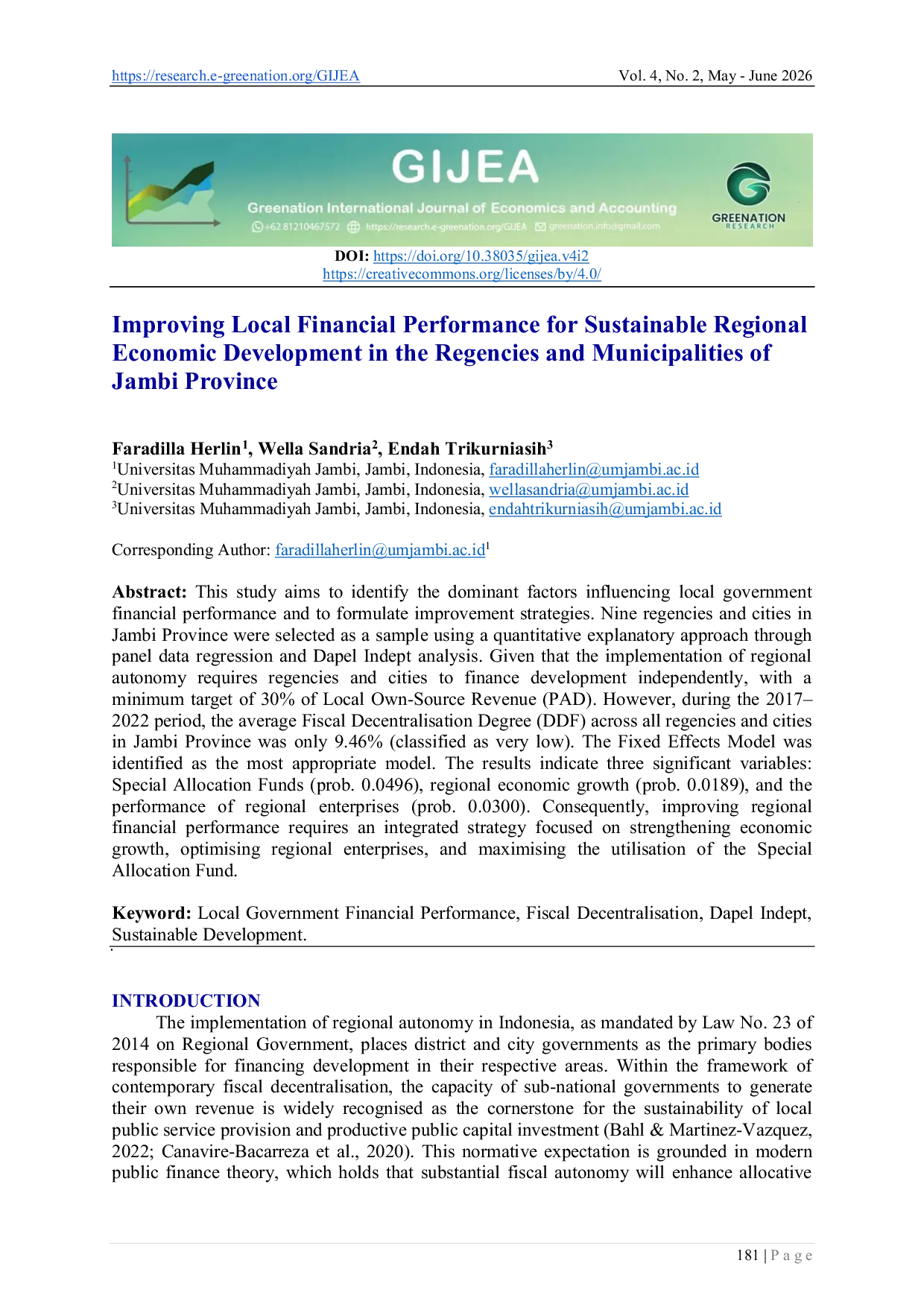 JURIS Improving Local Financial Performance for Sustainable Regional Economic Development in the Regencies and Municipalities of Jambi Province