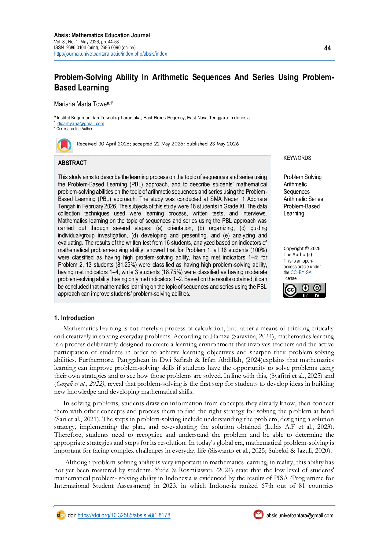 JURIS Problem Solving Ability in Arithmetic Sequences and Series Using Problem Based Learning