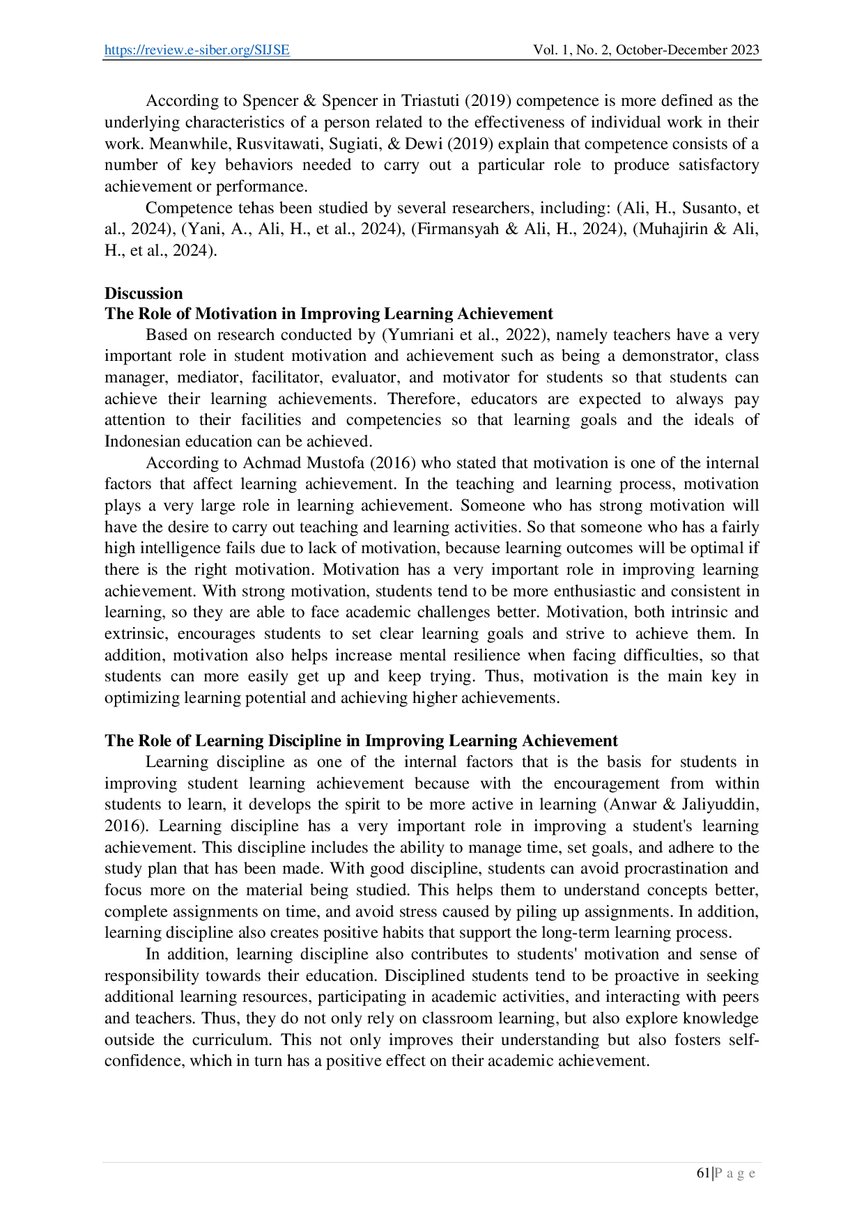juris The Role of Motivation Learning Discipline and Competence in Improving Learning Achievement