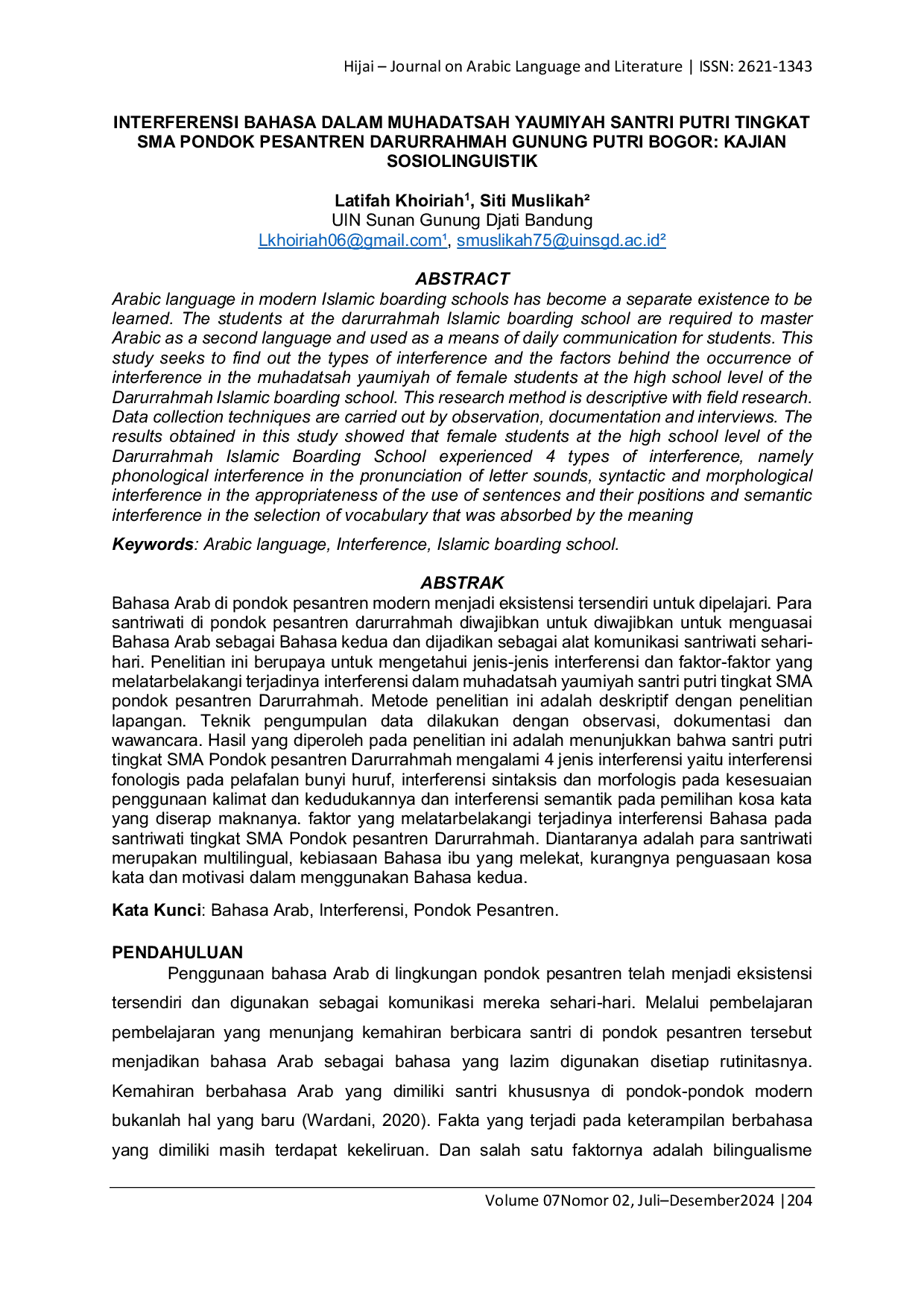 JURIS Interferensi Bahasa Dalam Muhadatsah Yaumiyah Santri Putri Tingkat SMA Pondok Pesantren Darurrahmah Gunung Putri Bogor