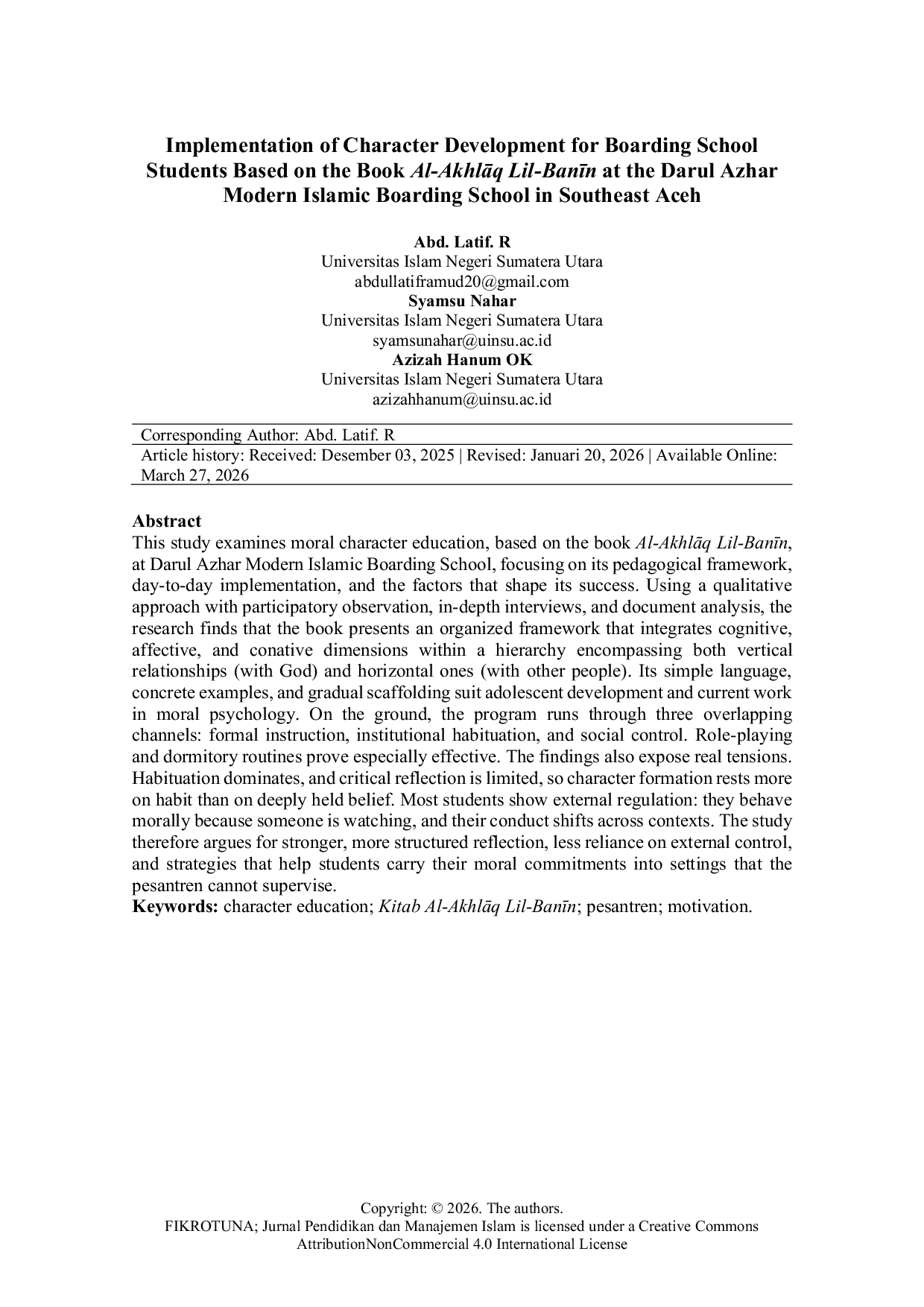 JURIS Implementation of Character Development for Boarding School Students Based on the Book Al AkhlAq Lil Bann at the Darul Azhar Modern Islamic Boarding School in Southeast Aceh