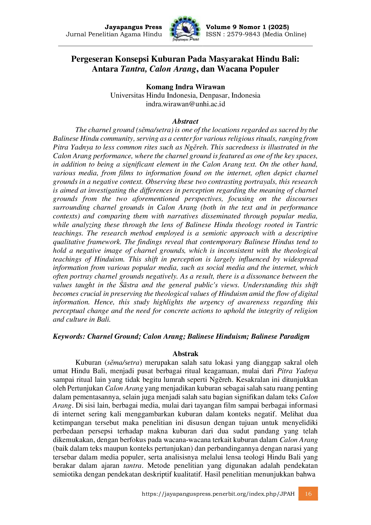 JURIS Pergeseran Konsepsi Kuburan Pada Masyarakat Hindu Bali Antara Tantra Calon Arang dan Wacana Populer