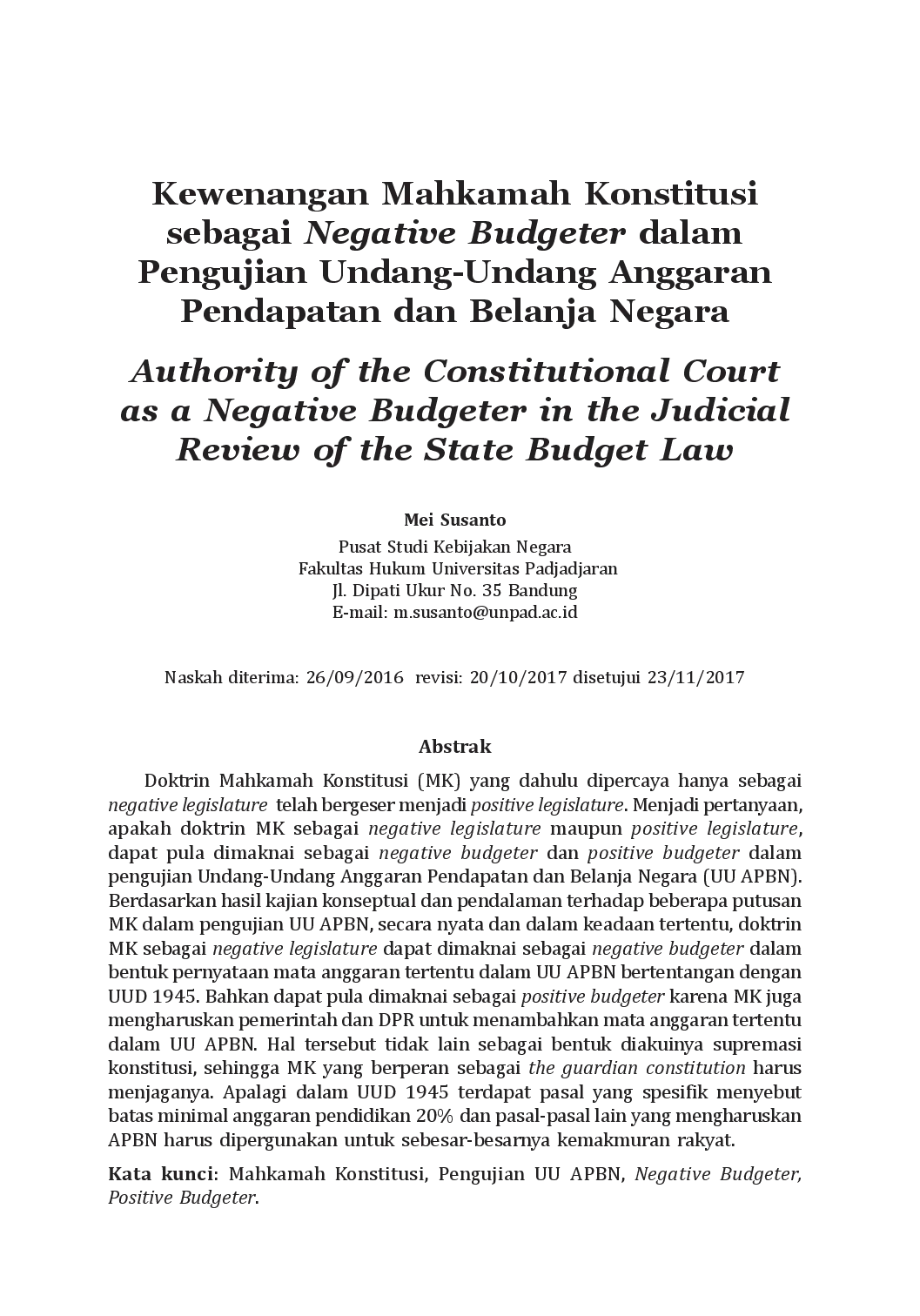 juris Kewenangan Mahkamah Konstitusi sebagai Negative Budgeter dalam Pengujian Undang Undang Anggaran Pendapatan dan Belanja Negara