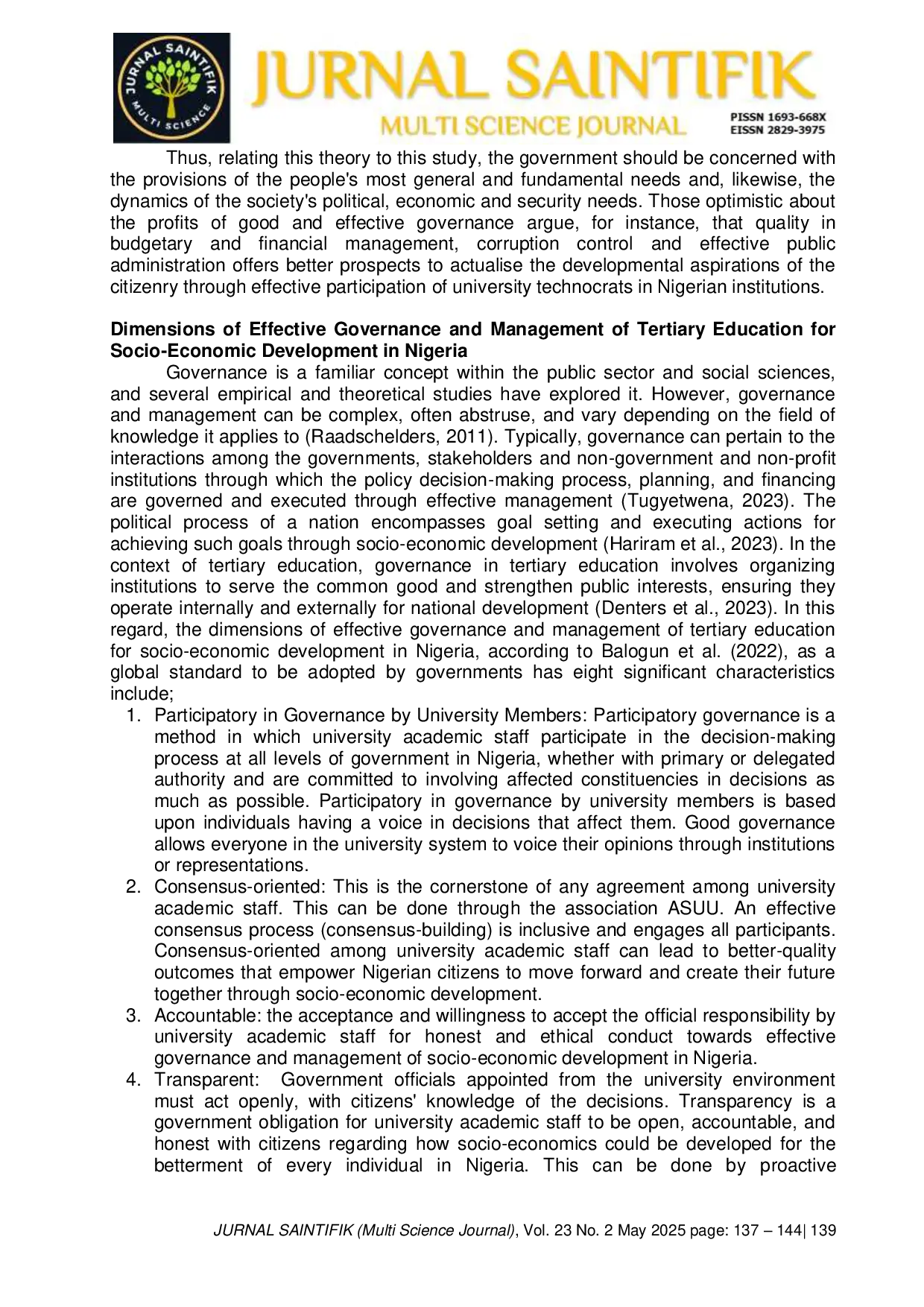 JURIS Effective Governance and Management of Tertiary Education for Socio Economic Development in Nigeria