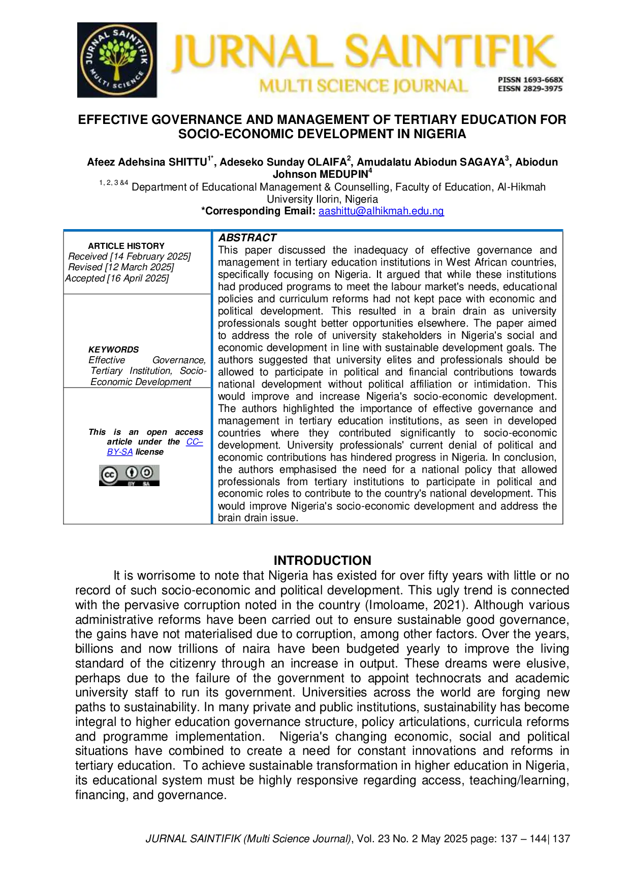 JURIS Effective Governance and Management of Tertiary Education for Socio Economic Development in Nigeria