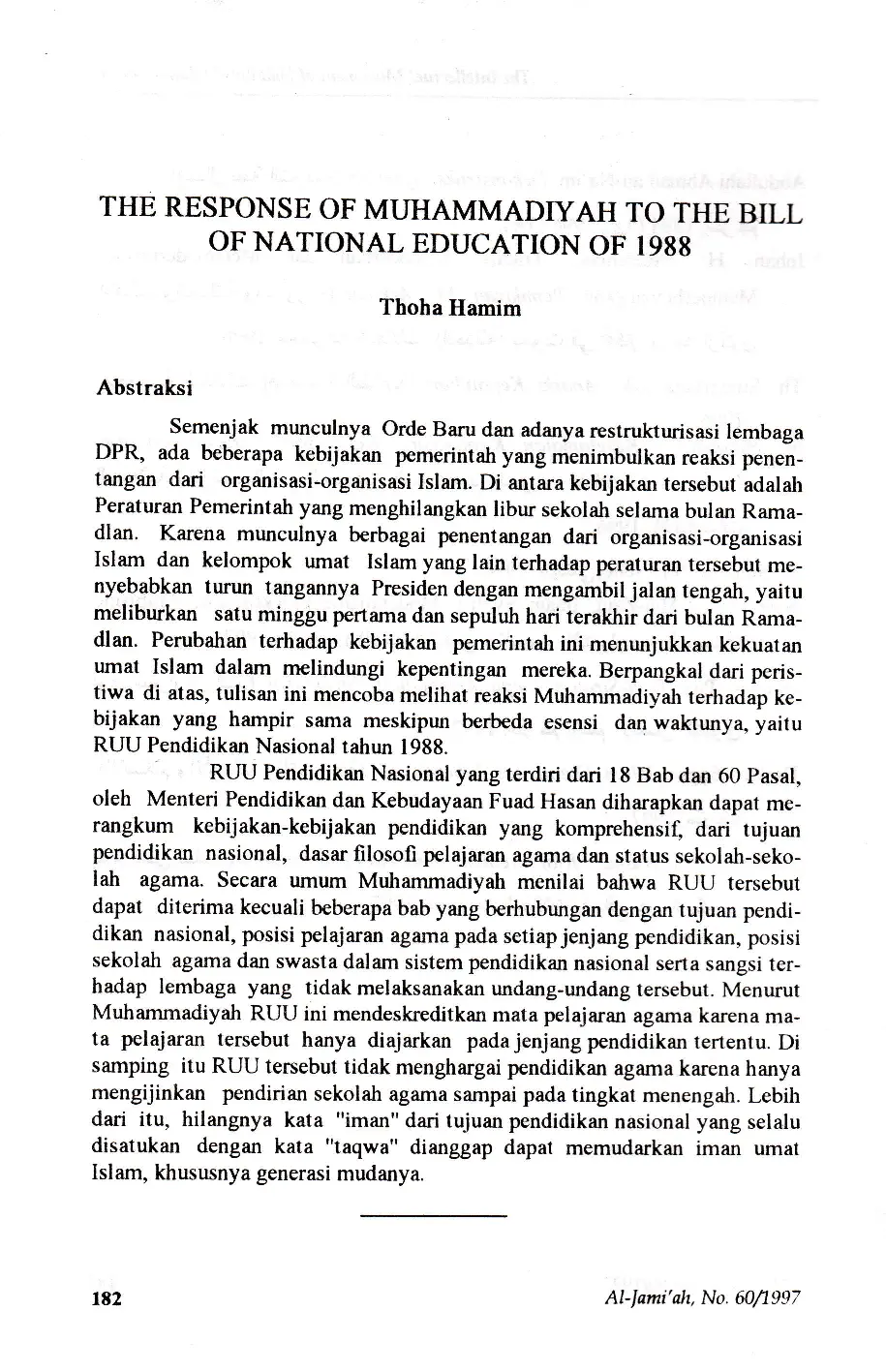 JURIS The Response of Muhammadiyah To the Bill of National Education of 1988