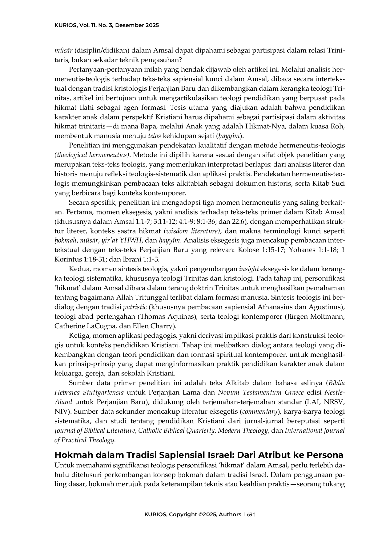 JURIS Hikmat yang mendidik Dimensi trinitaris hokmah dan pedagogi formasi karakter dalam kitab Amsal