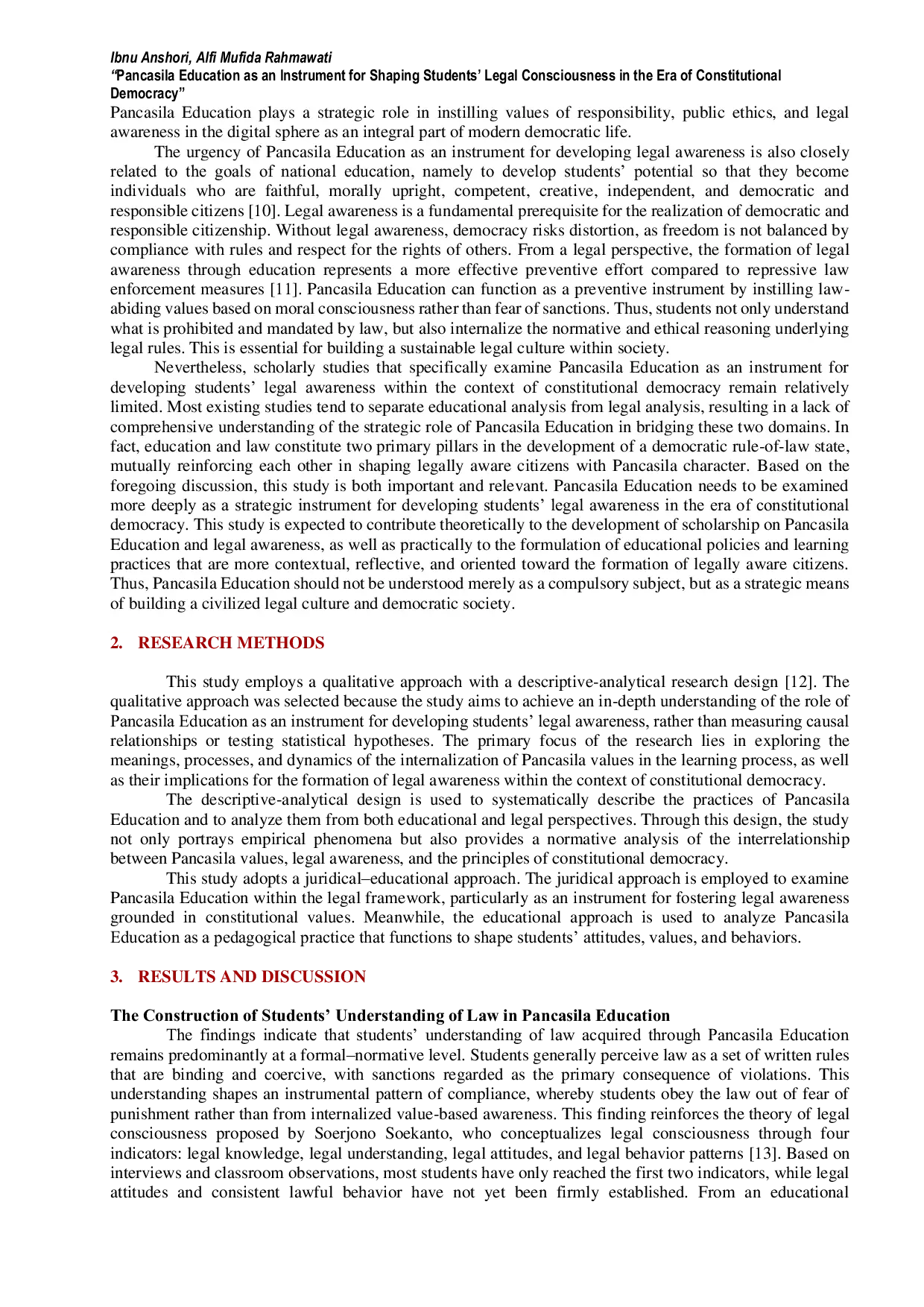 JURIS Pancasila Education as an Instrument for Shaping Students Legal Consciousness in the Era of Constitutional Democracy