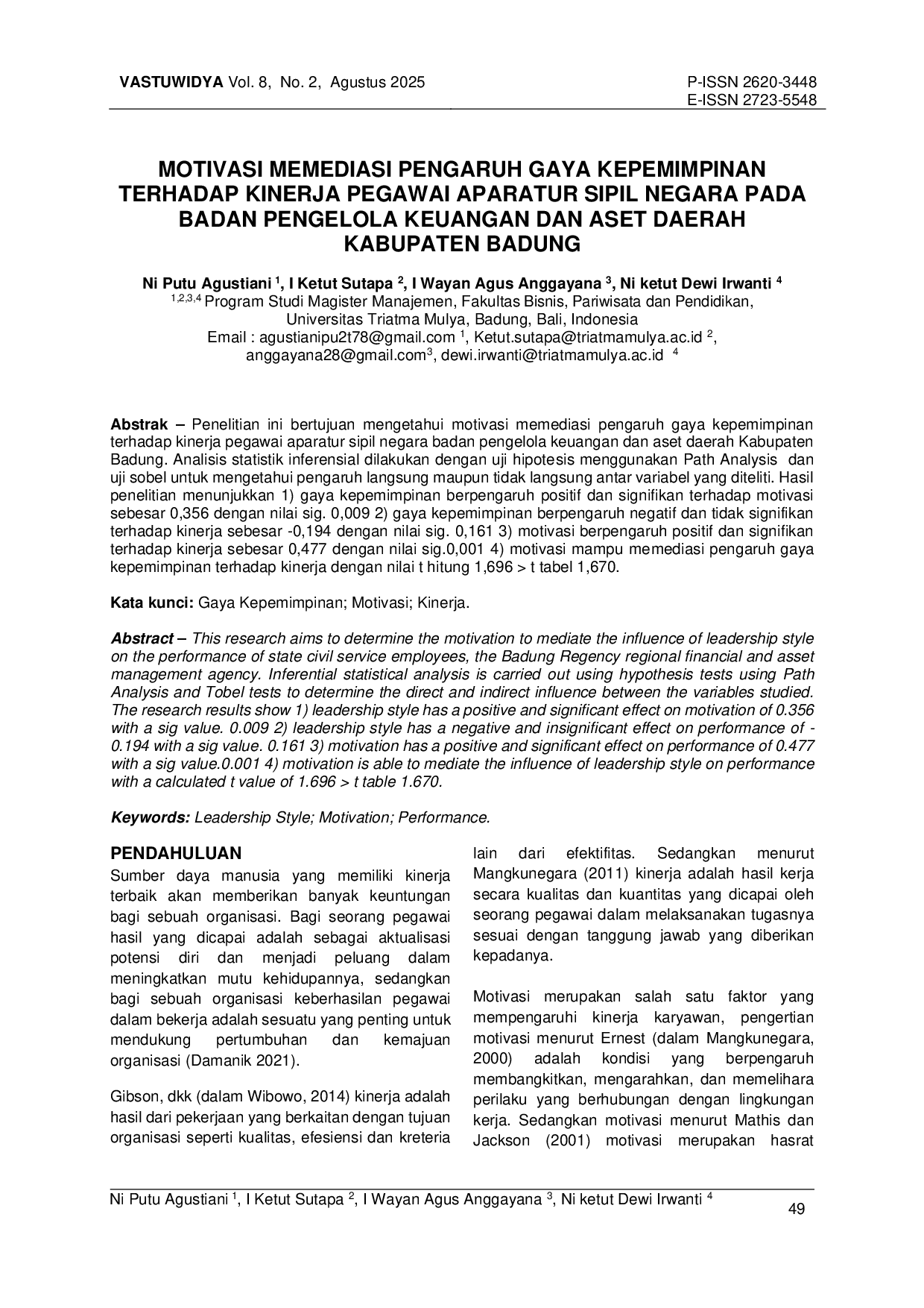 juris Motivasi Memediasi Pengaruh Gaya Kepemimpinan Terhadap Kinerja Pegawai Aparatur Sipil Negara Pada Badan Pengelola Keuangan Dan Aset Daerah Kabupaten Badung