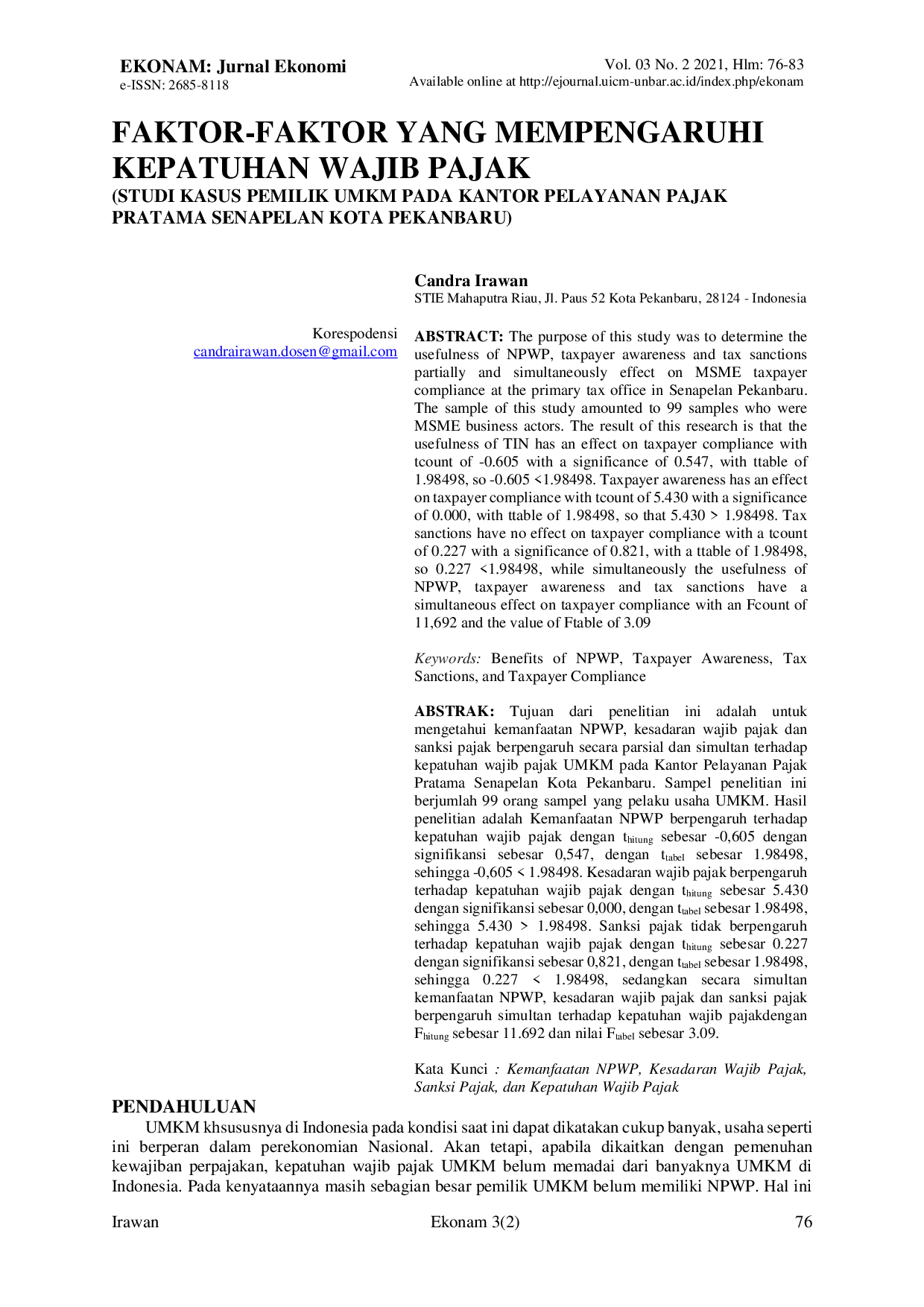 JURIS Faktor Faktor Yang Mempengaruhi Kepatuhan Wajib Pajak Studi Kasus Pemilik Umkm Pada Kantor Pelayanan Pajak Pratama Senapelan Kota Pekanbaru