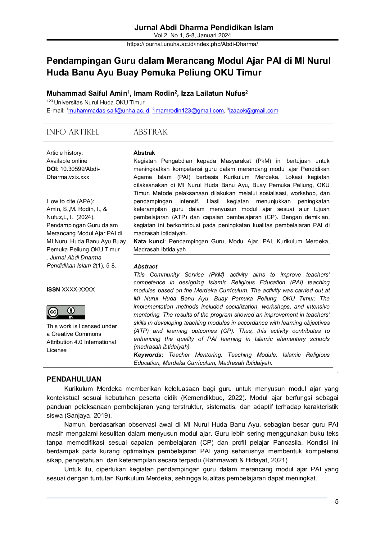 JURIS Teacher Assistance in Designing Islamic Religious Education Teaching Modules at MI Nurul Huda Banu Ayu Buay Pemuka Peliung East OKU
