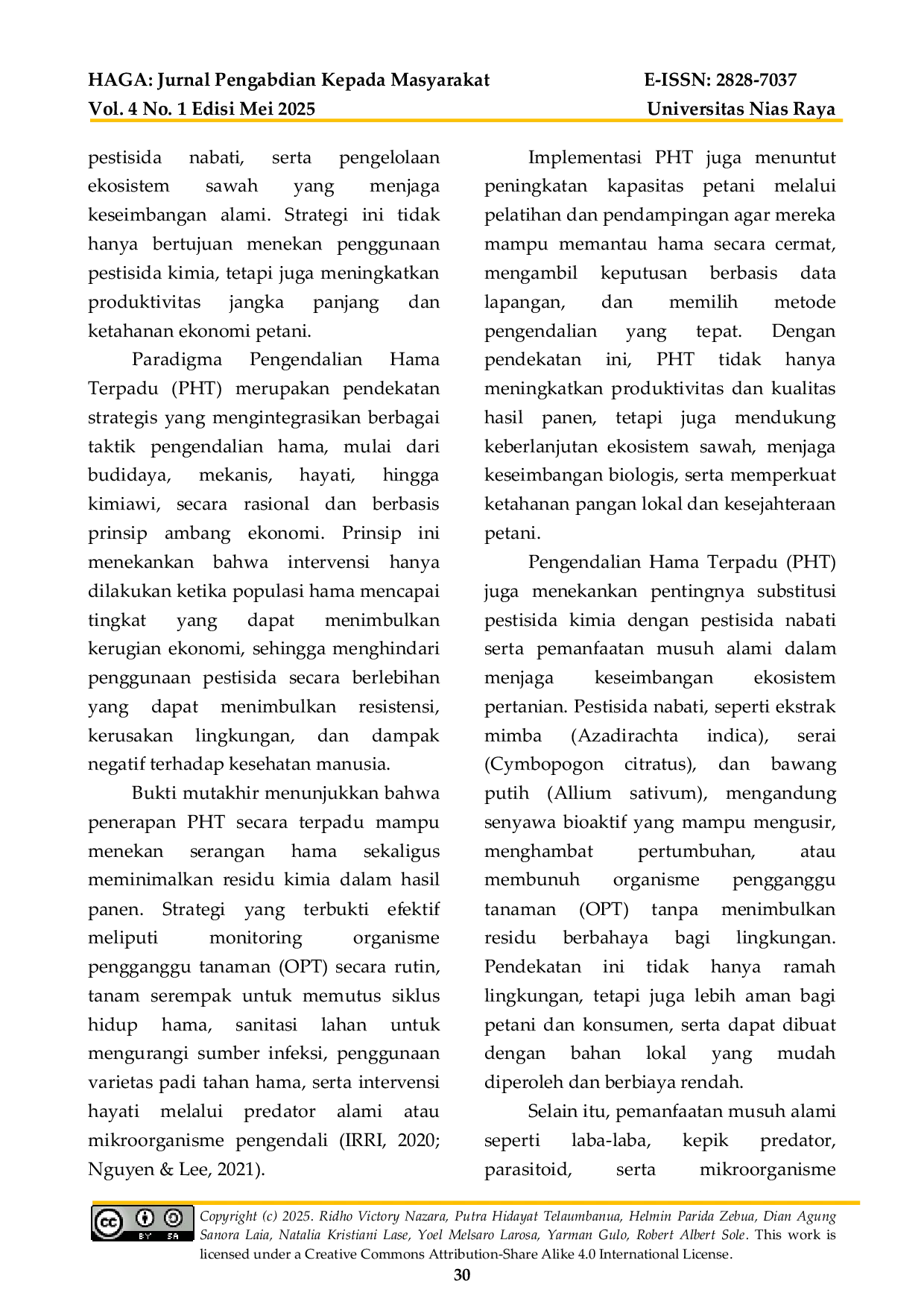 JURIS Pertanian Padi Bebas Pestisida Kimia Edukasi Dan Penerapan Pengendalian Hama Terpadu Pht Di Desa Bawoza ua Nias Selatan
