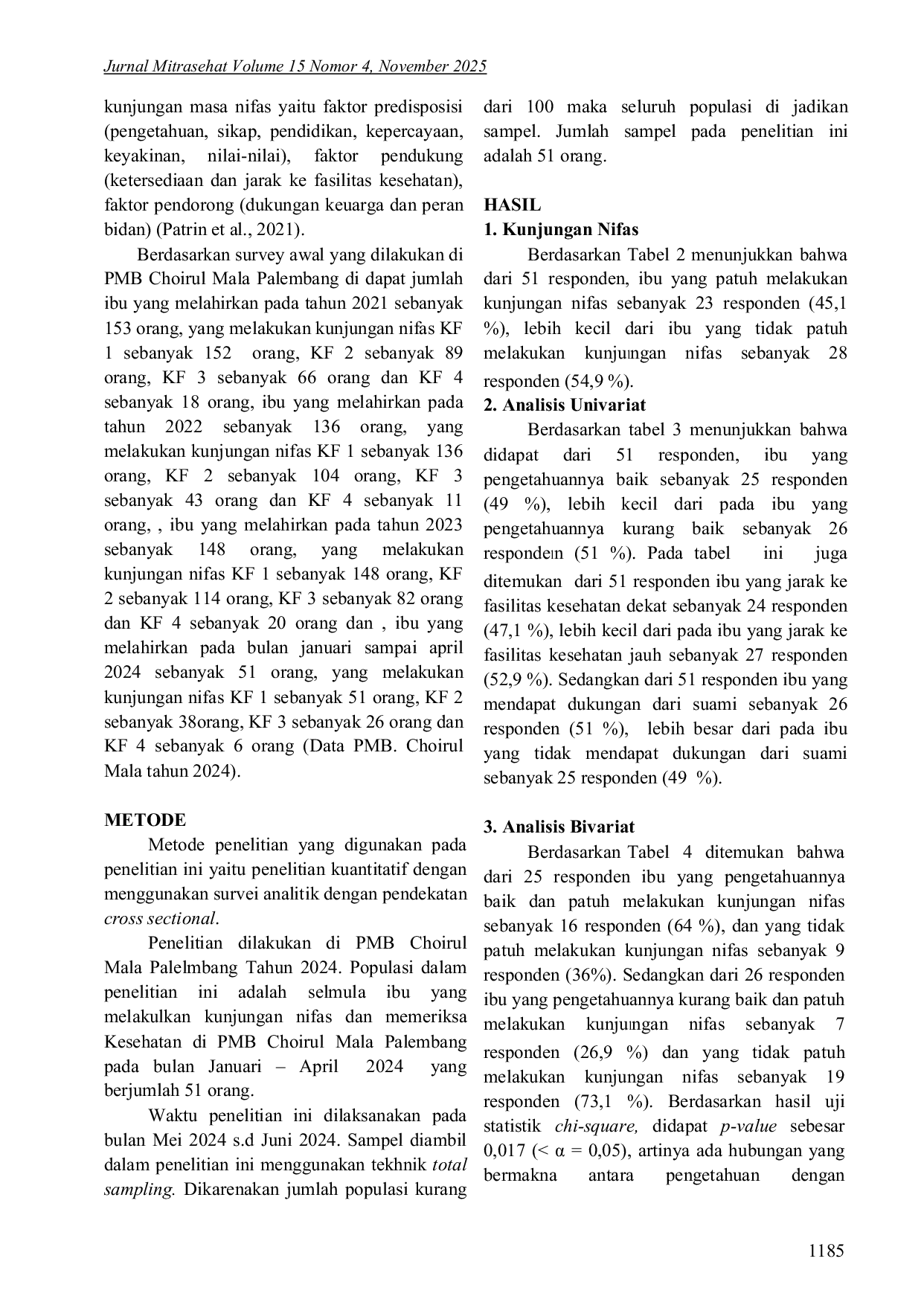 JURIS Faktor yang Berhubungan dengan Kepatuhan Kunjungan Masa Nifas di PMB Choirul Mala 22 Ilir Kota Palembang