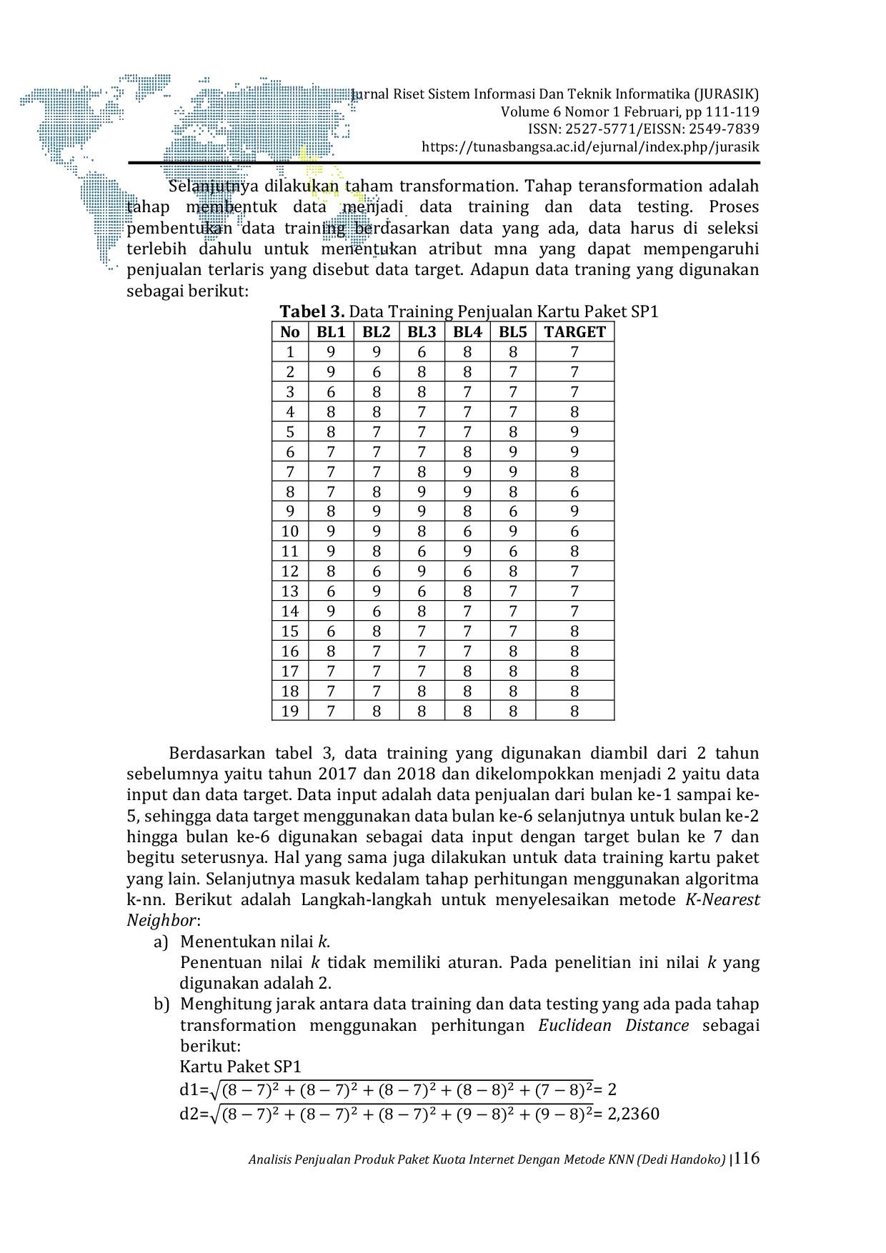 JURIS Analisis Penjualan Produk Paket Kuota Internet Dengan Metode K Nearest Neighbor
