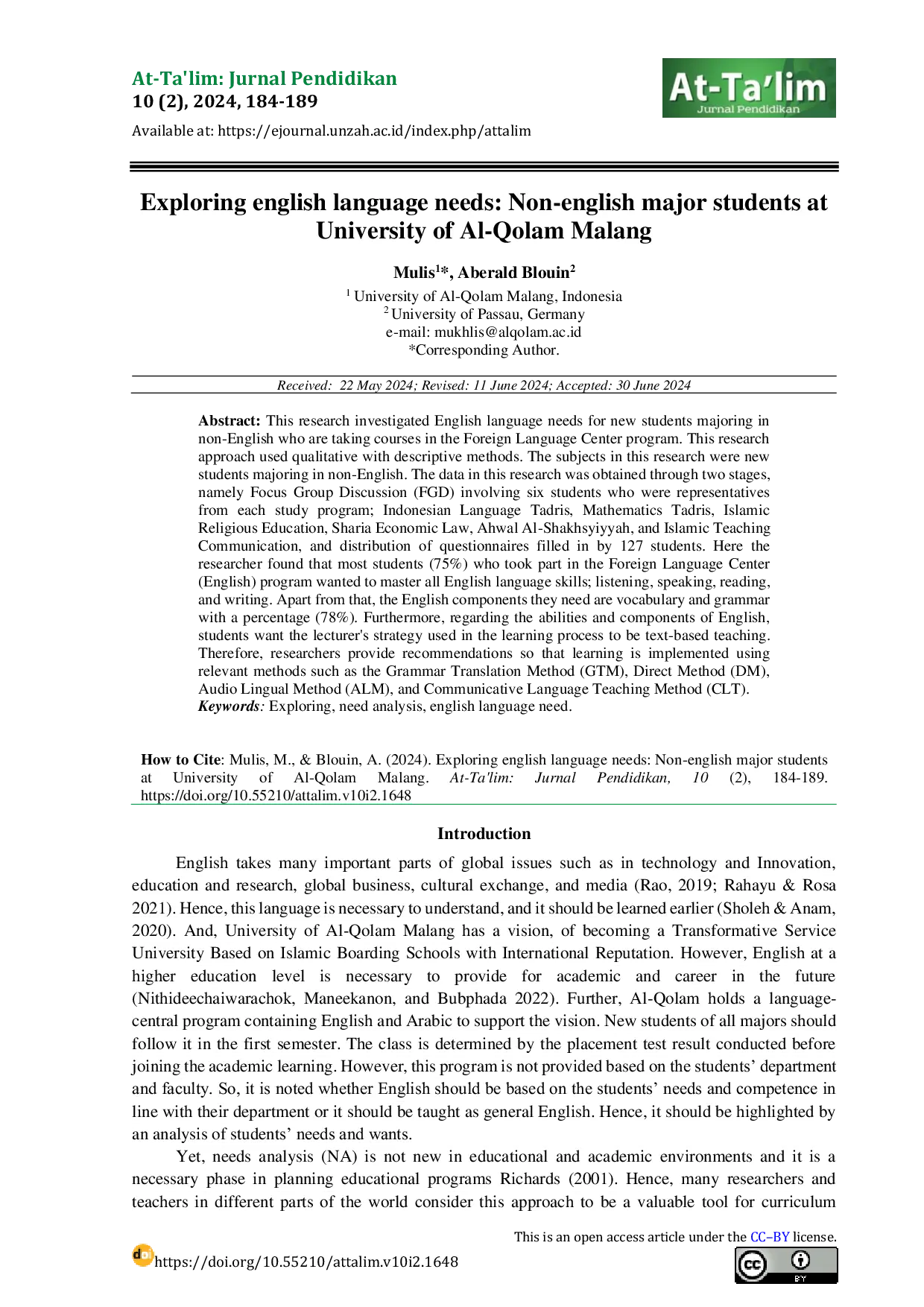 JURIS Exploring English Language Needs Non English Major Students at University of Al Qolam Malang