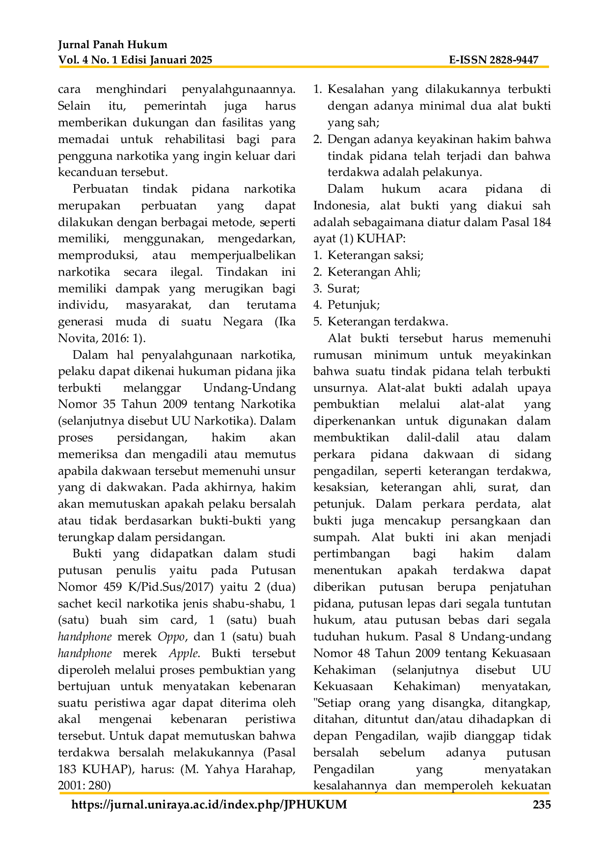 JURIS Pertimbangan Hakim Dalam Penjatuhan Putusan Bebas Pada Tindak Pidana Narkotika Studi Putusan Nomor 459 K Pid Sus 2017