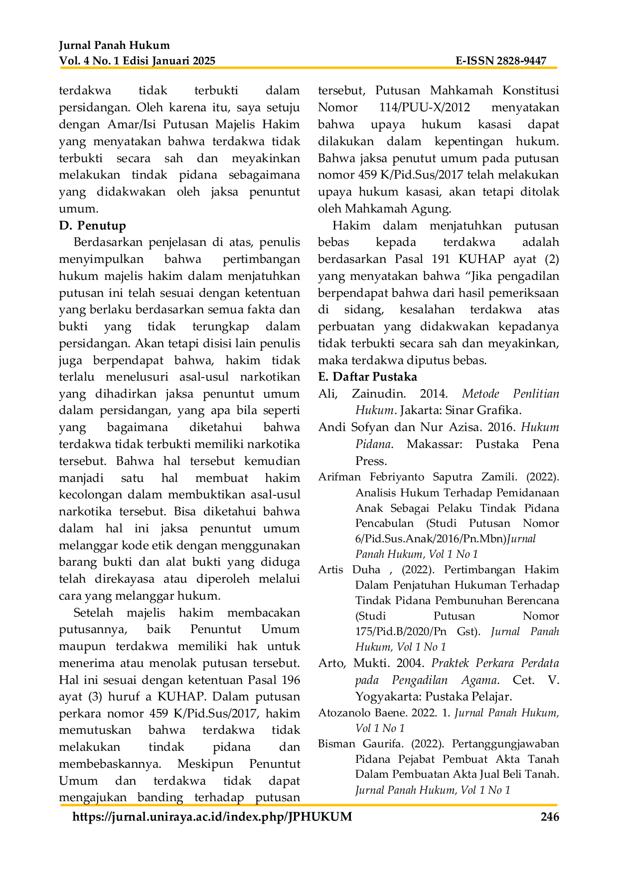 JURIS Pertimbangan Hakim Dalam Penjatuhan Putusan Bebas Pada Tindak Pidana Narkotika Studi Putusan Nomor 459 K Pid Sus 2017