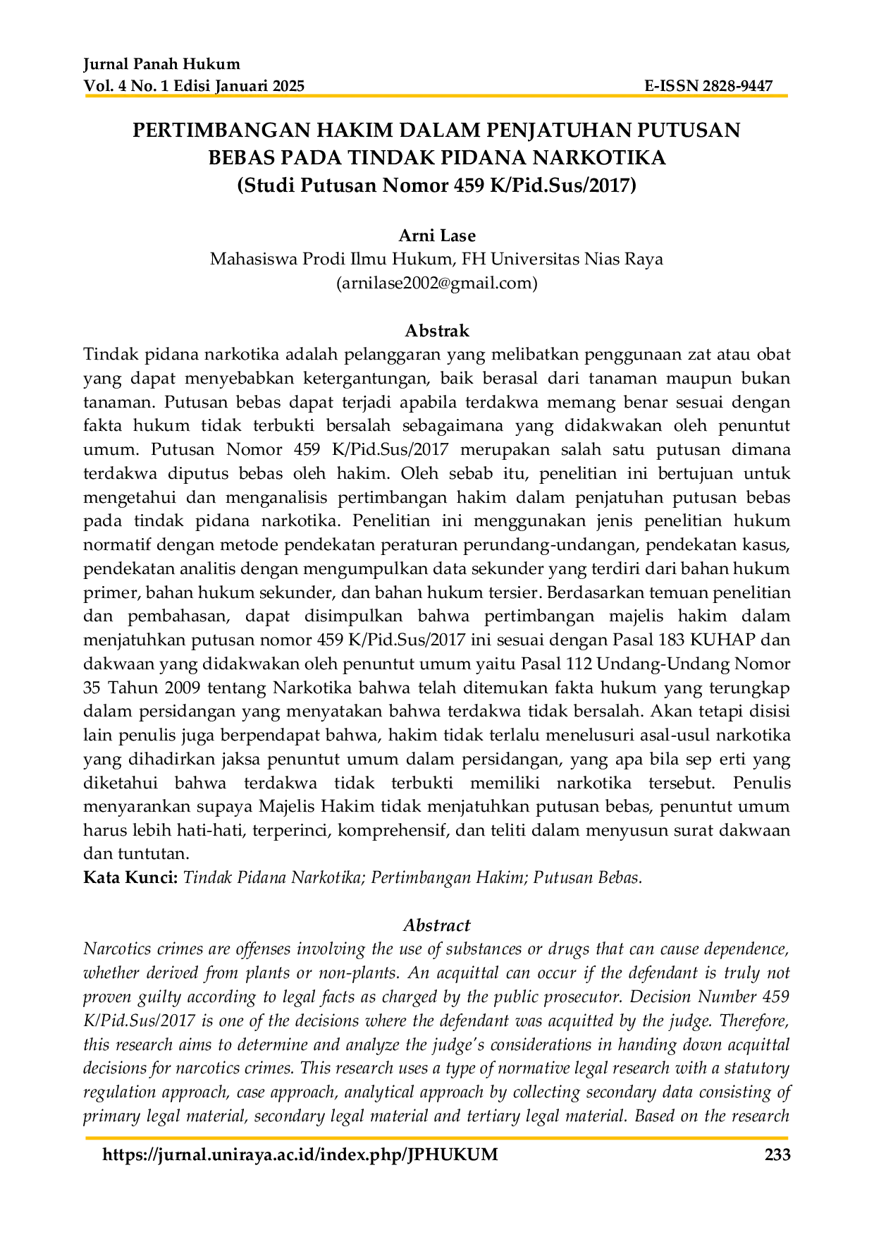 JURIS Pertimbangan Hakim Dalam Penjatuhan Putusan Bebas Pada Tindak Pidana Narkotika Studi Putusan Nomor 459 K Pid Sus 2017